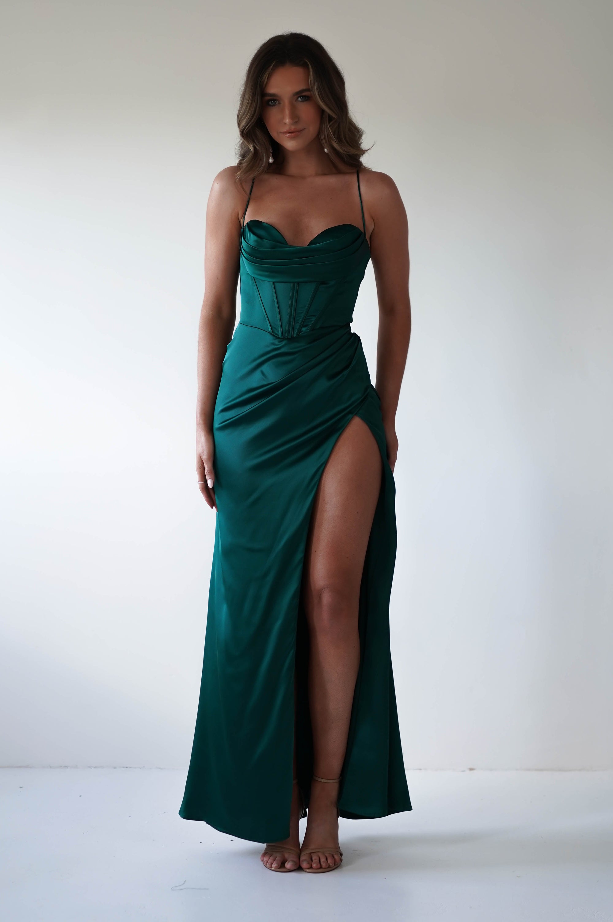 Julianne Corset Satin Gown | Emerald Green | Oh Hello Clothing | XS (6)