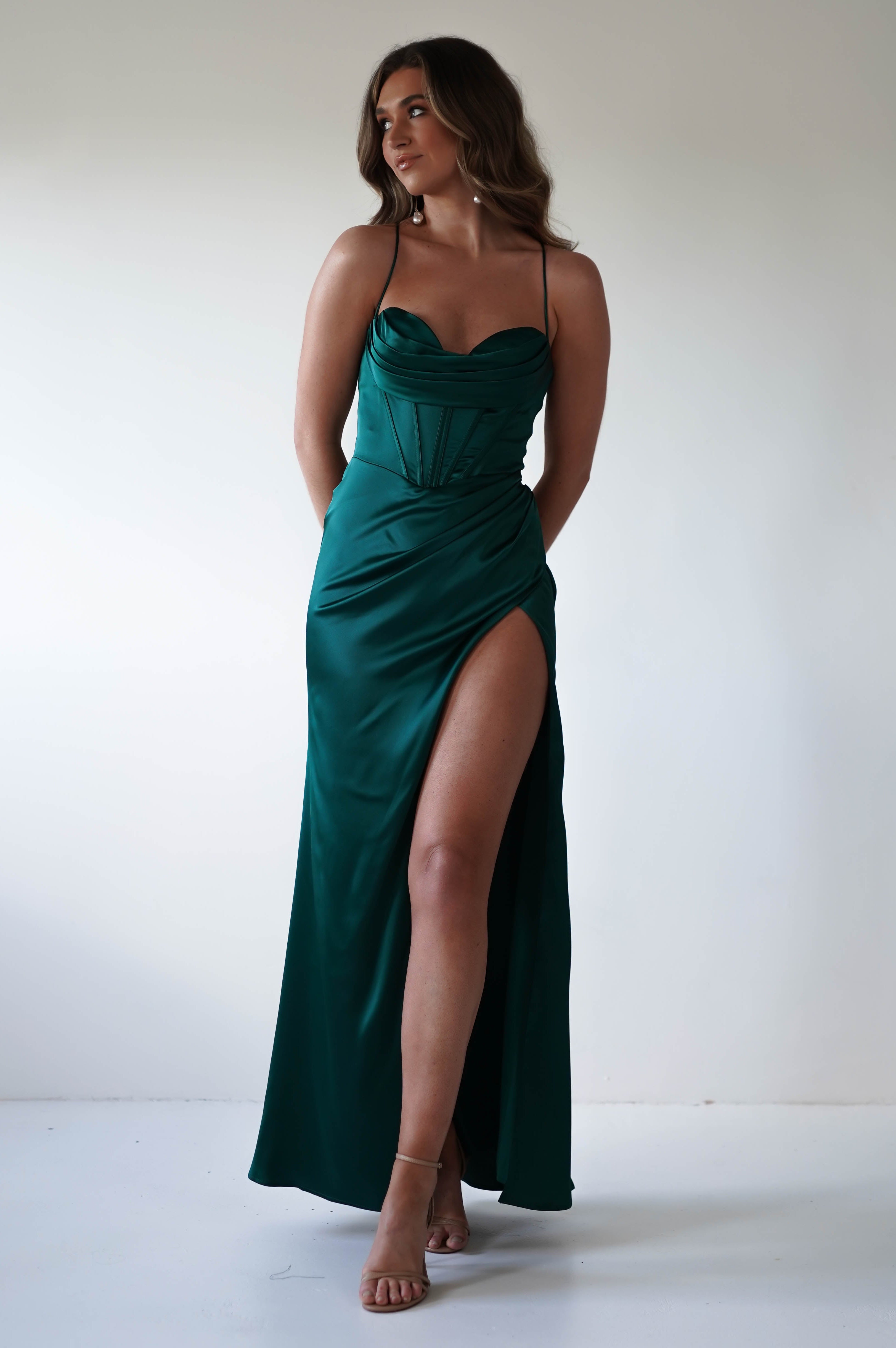 Julianne Corset Satin Gown | Emerald Green - Oh Hello Clothing