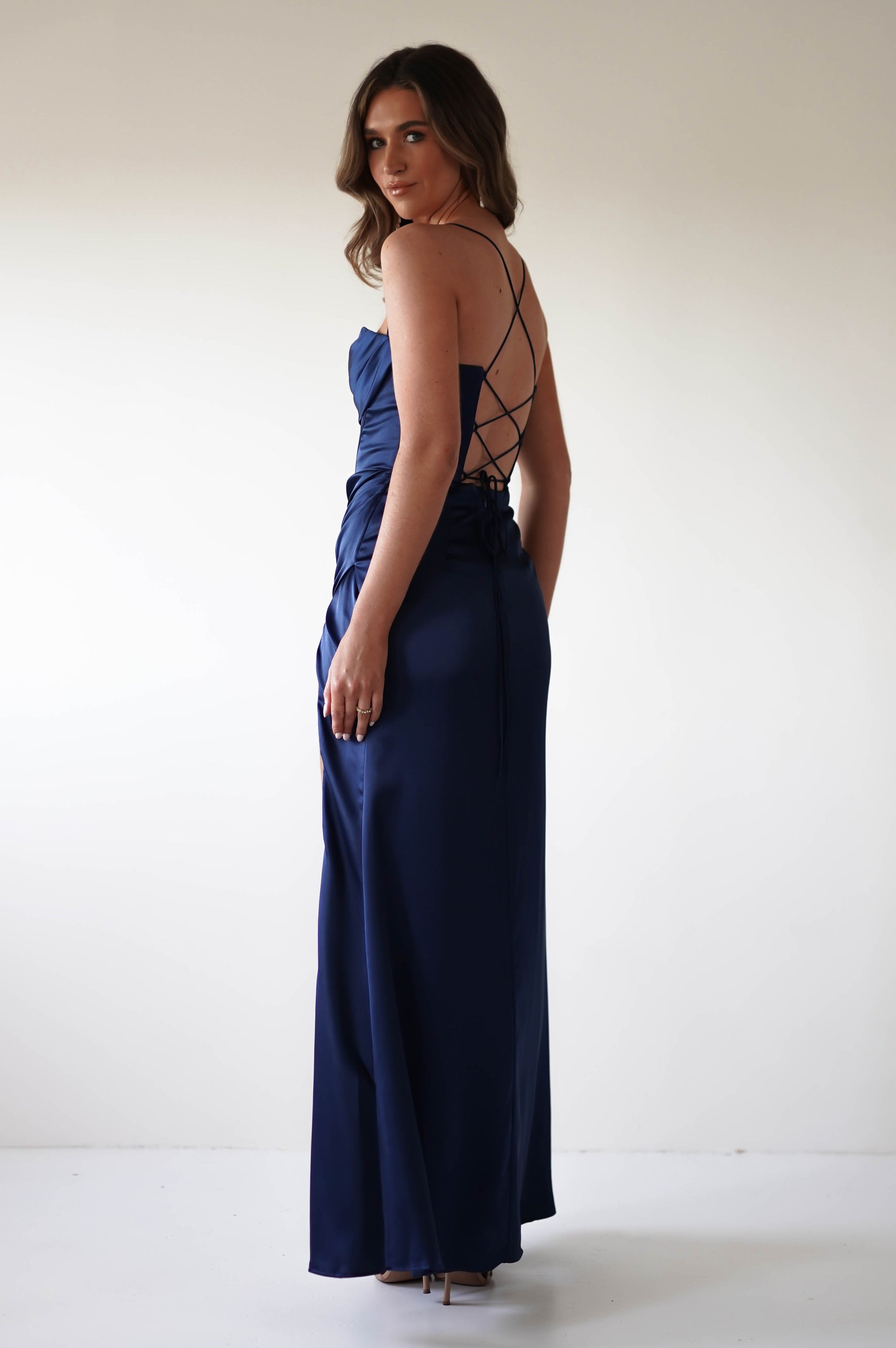 Julianne Corset Satin Gown | Navy - Oh Hello Clothing