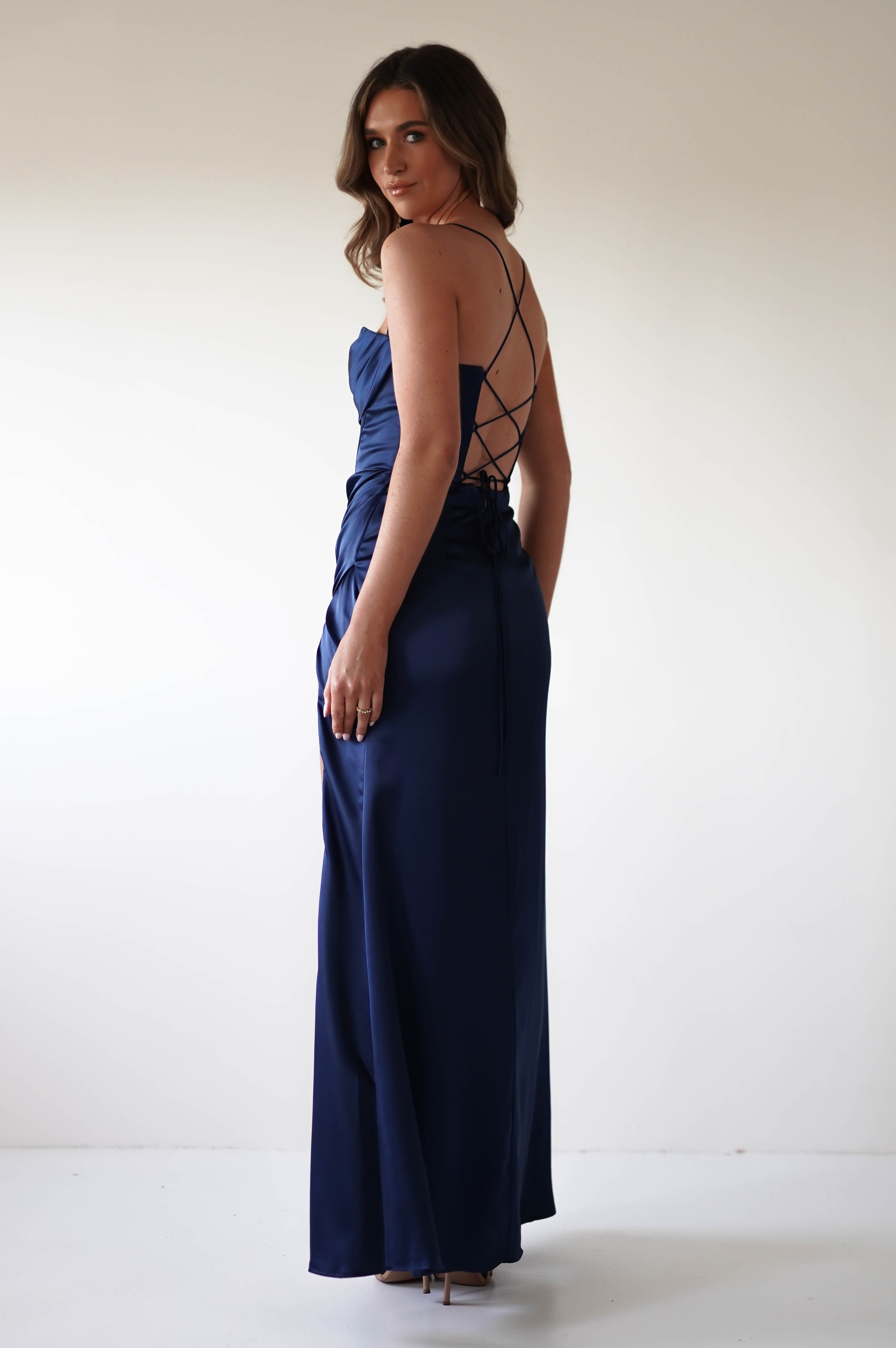 Julianne Corset Satin Gown | Navy - Oh Hello Clothing