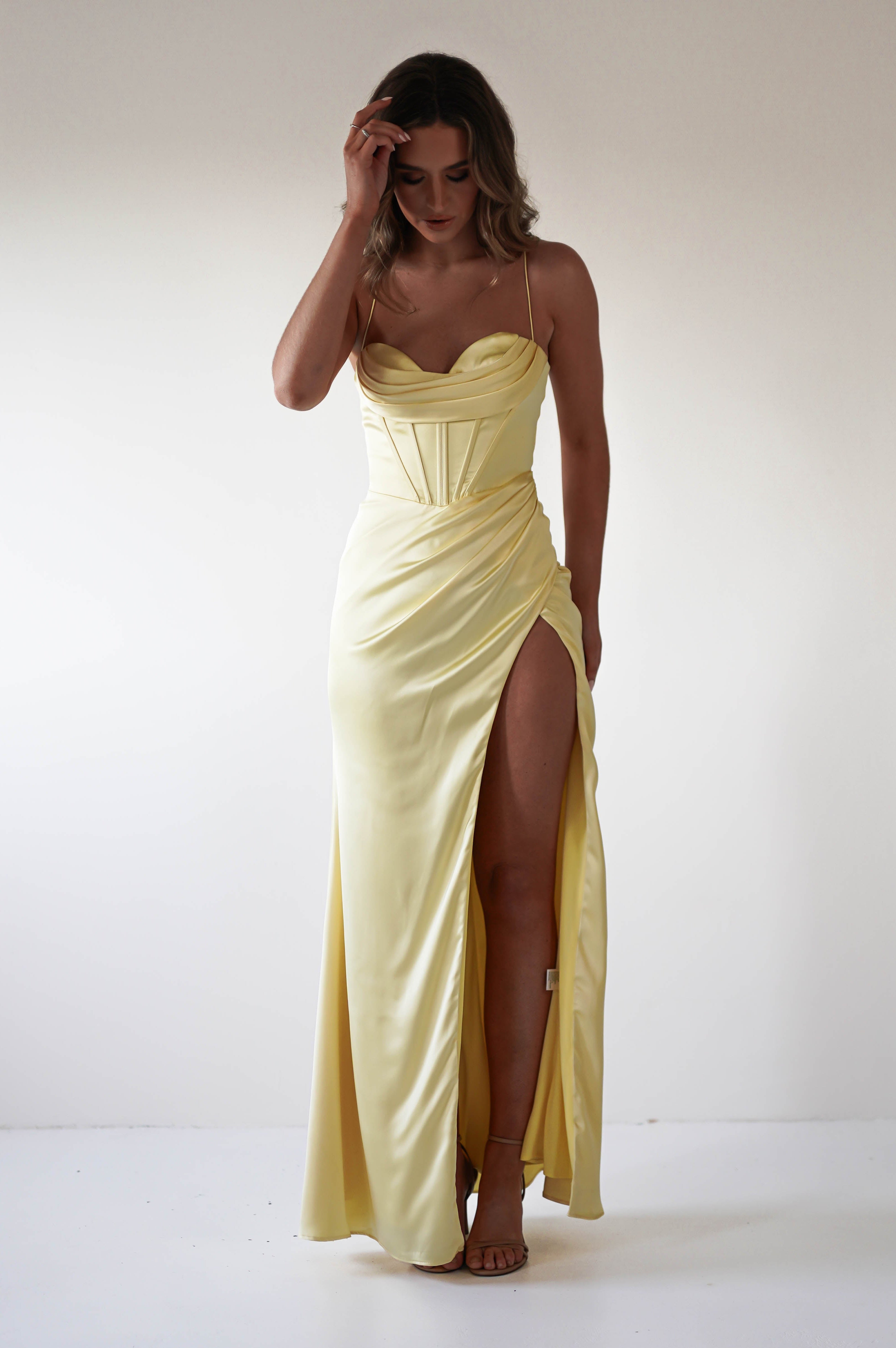 Julianne Corset Satin Gown | Yellow - Oh Hello Clothing