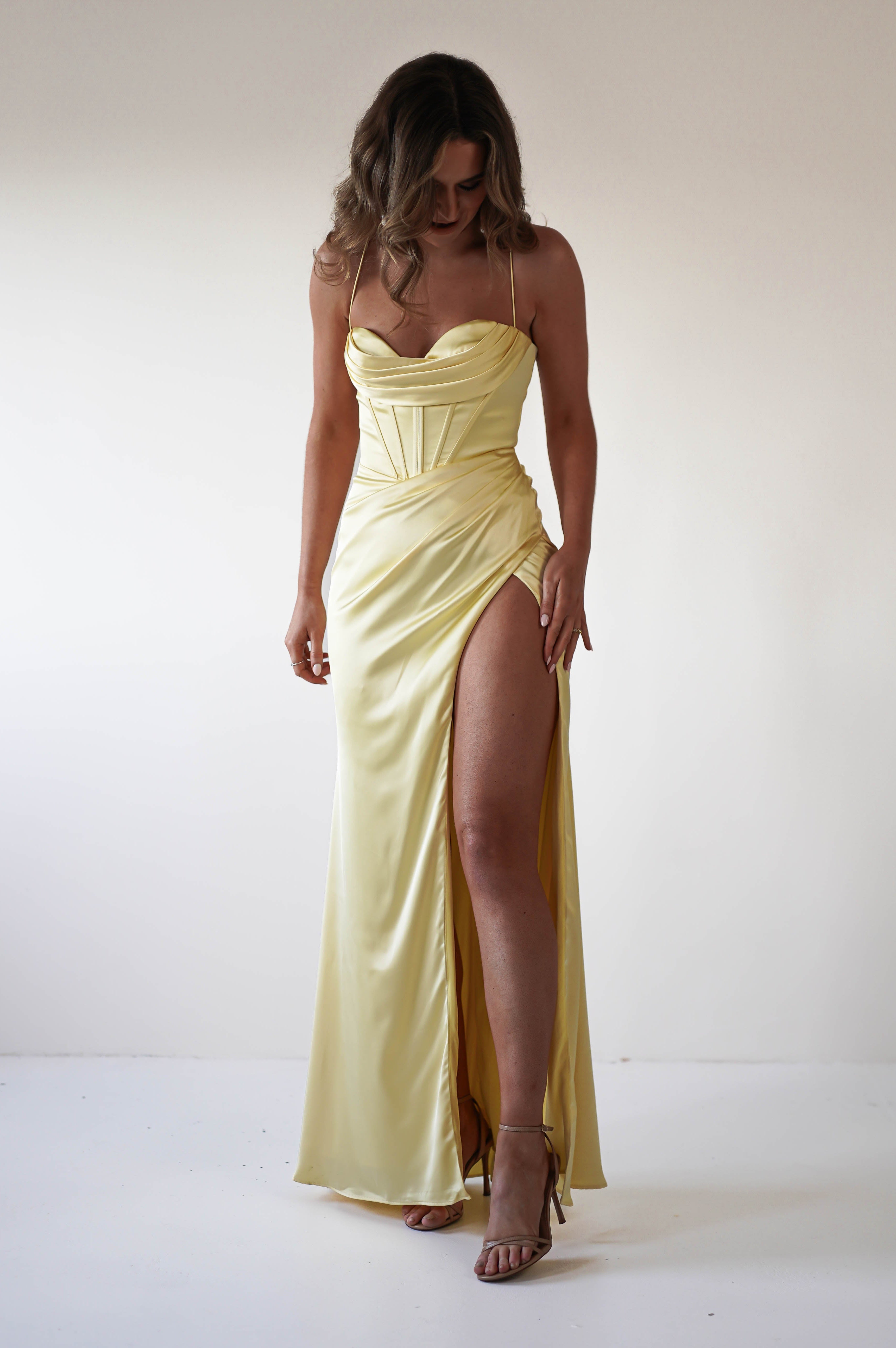 Julianne Corset Satin Gown | Yellow - Oh Hello Clothing