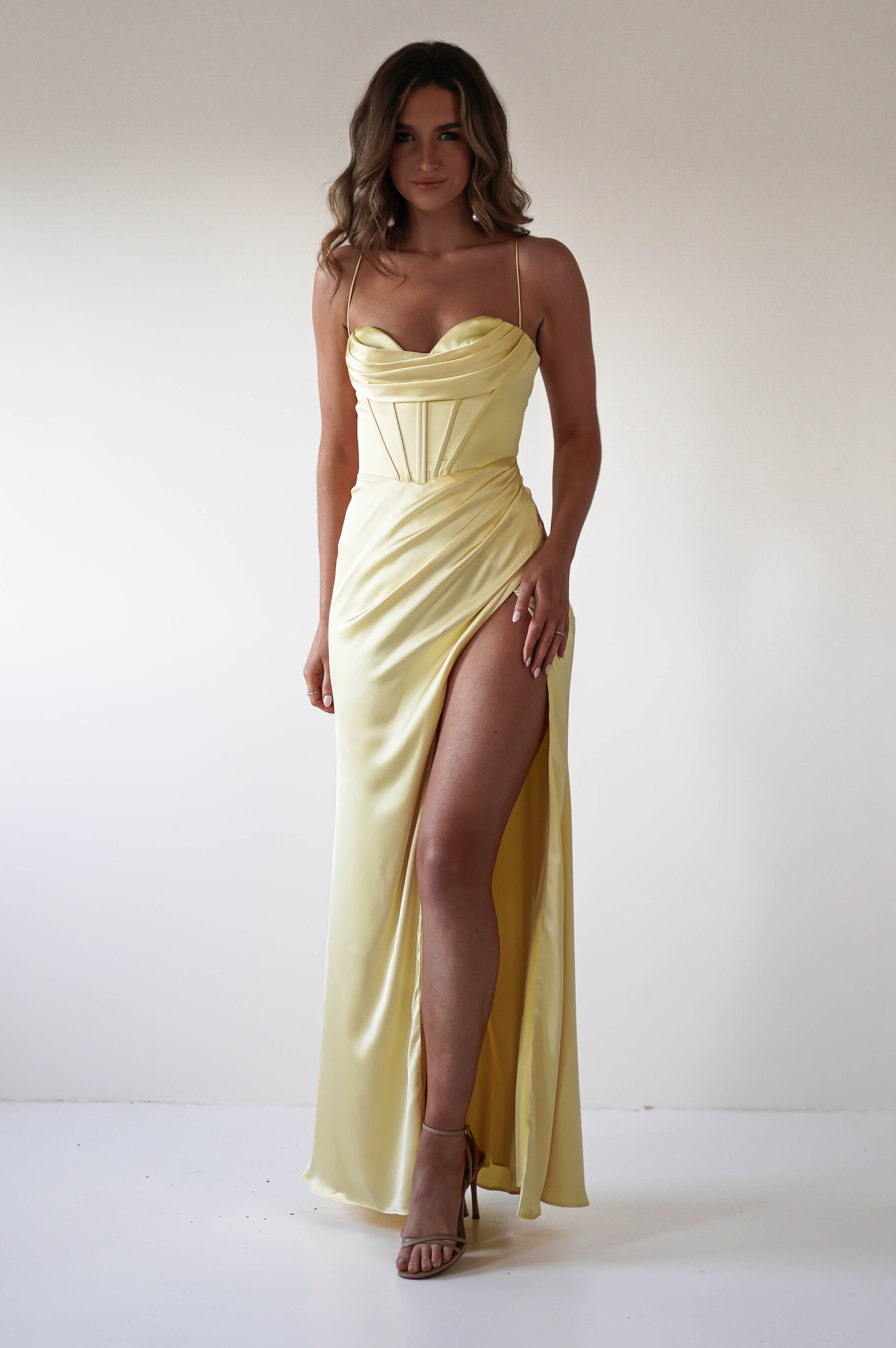 Julianne Corset Satin Gown | Yellow - Oh Hello Clothing