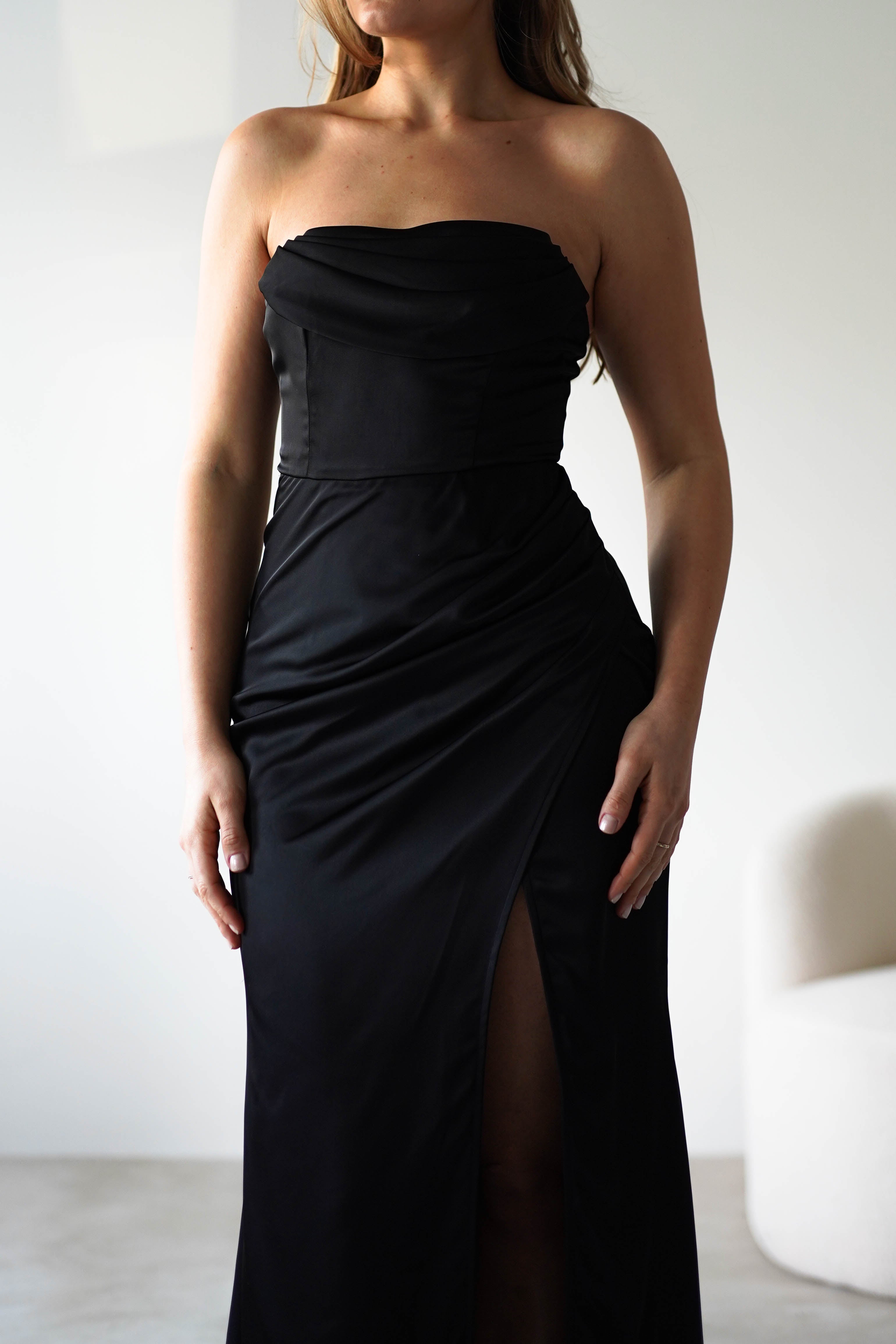Alyce Soft Satin Strapless Gown | Black | Oh Hello Clothing | XS (6)