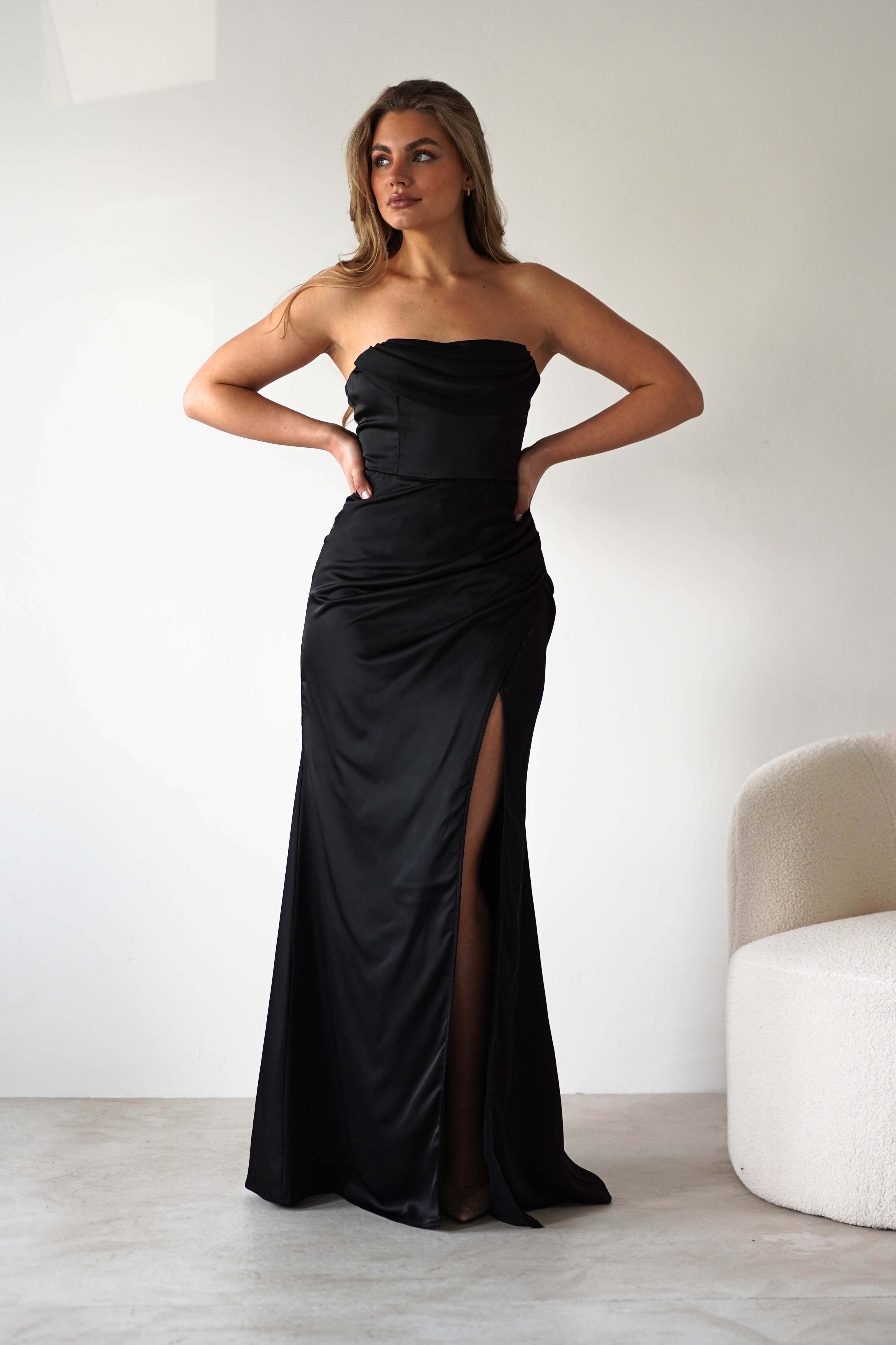 Alyce Soft Satin Strapless Gown | Black | Oh Hello Clothing | XS (6)