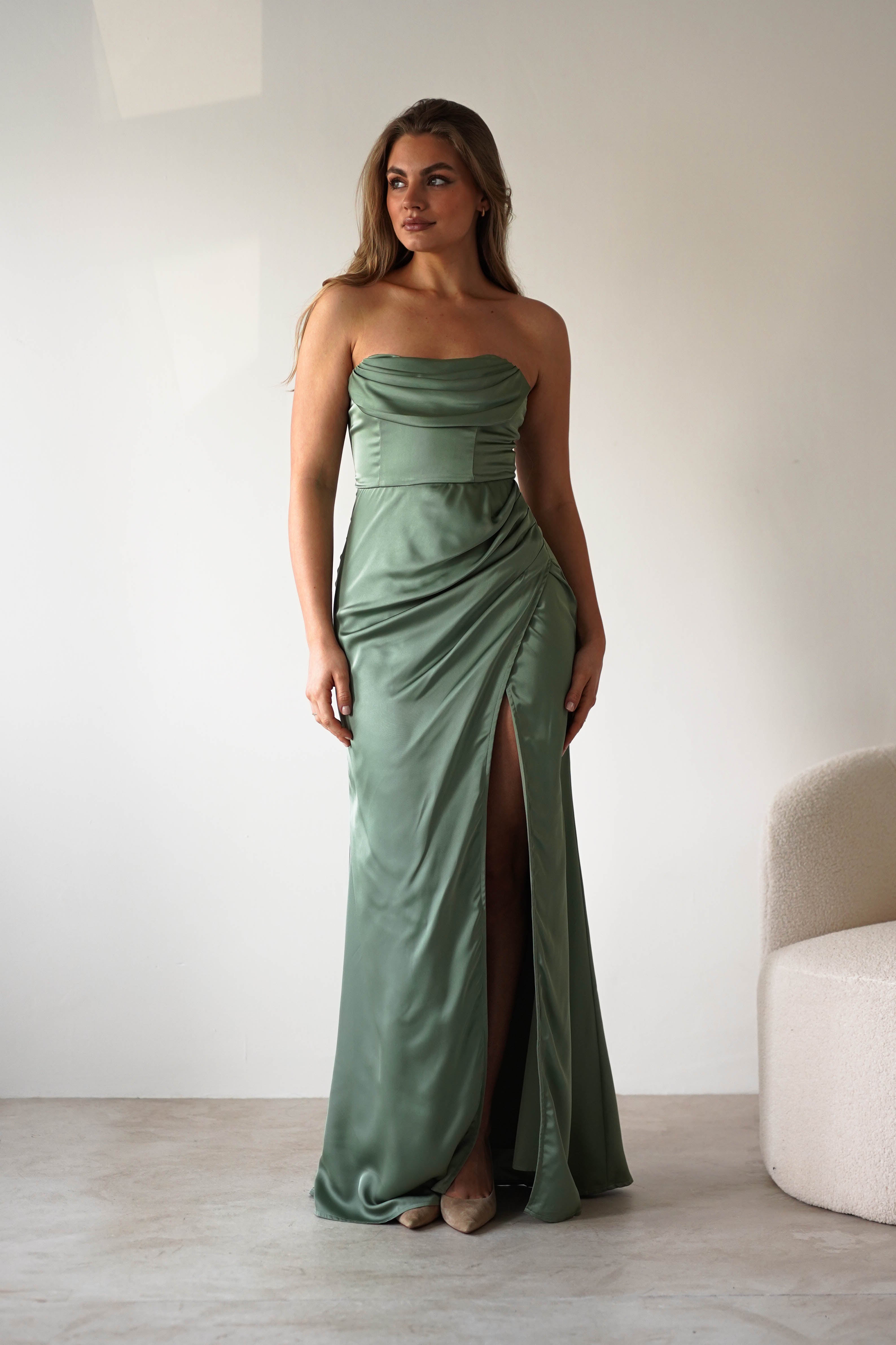 Alyce Soft Satin Strapless Gown | Olive | Oh Hello Clothing | XS (6)