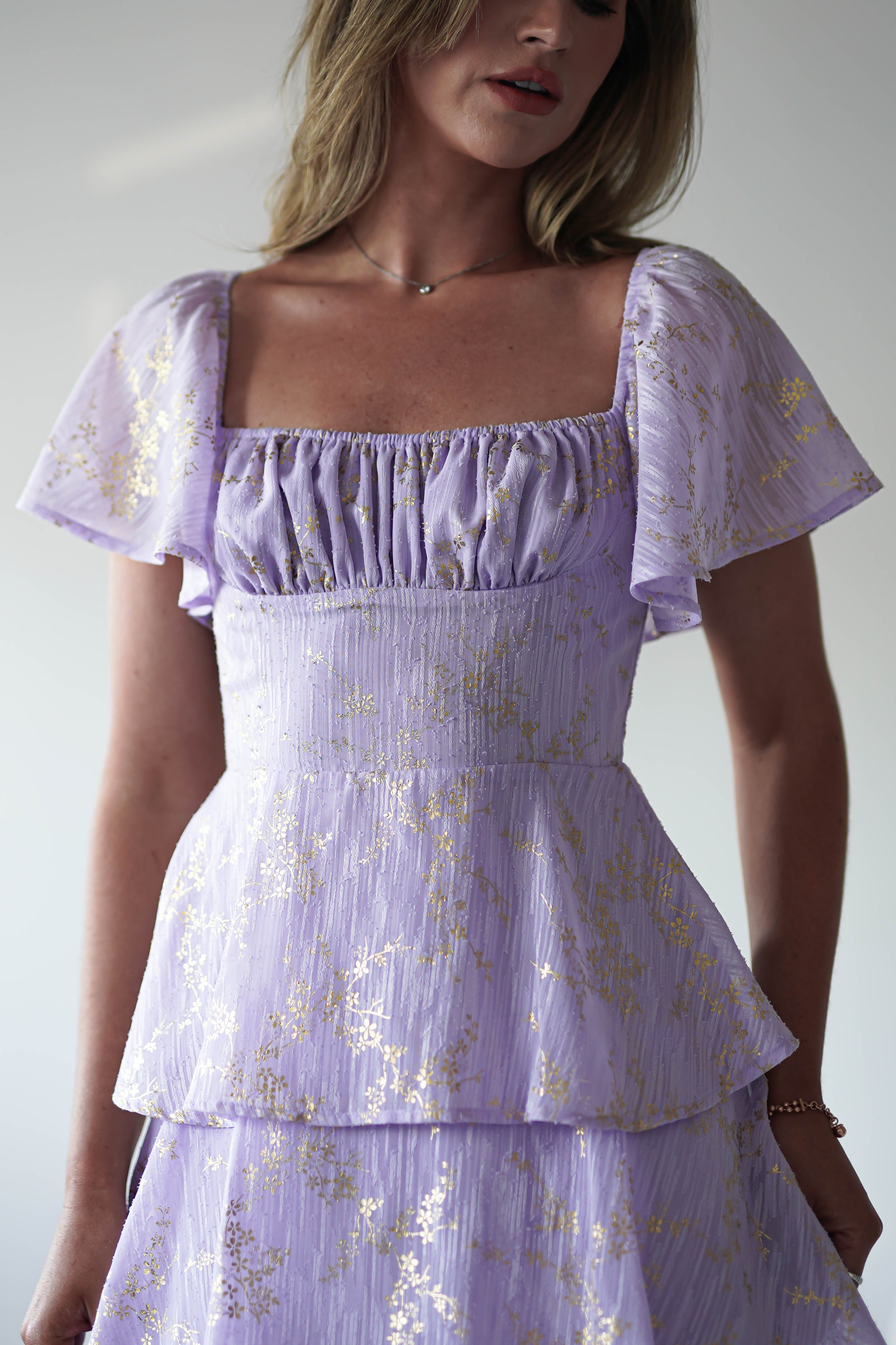 Mirielle Gold Detail Ruffle Maxi Dress | Lilac | Oh Hello Clothing | XS (6)