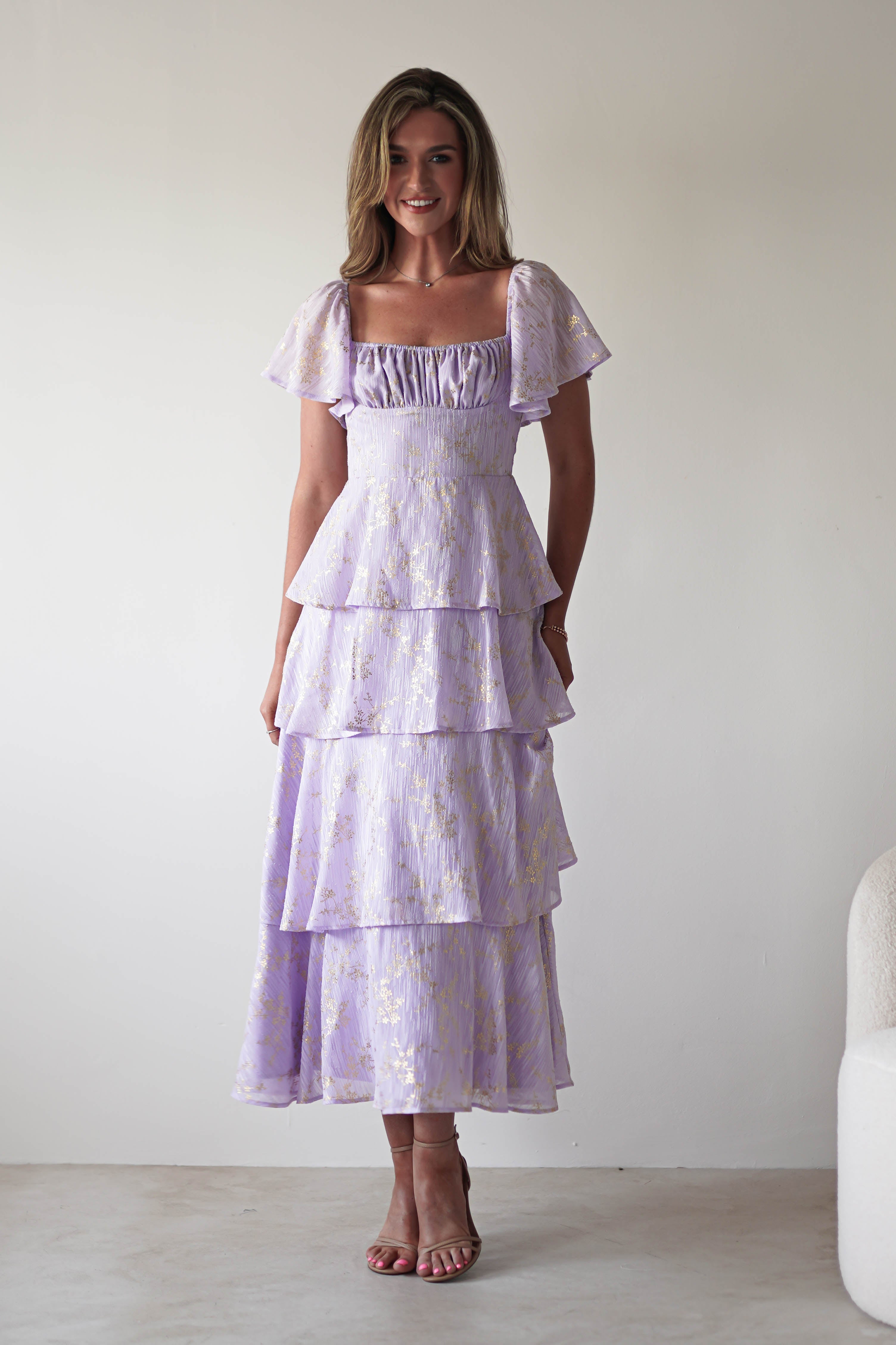 Mirielle Gold Detail Ruffle Maxi Dress | Lilac | Oh Hello Clothing | XS (6)