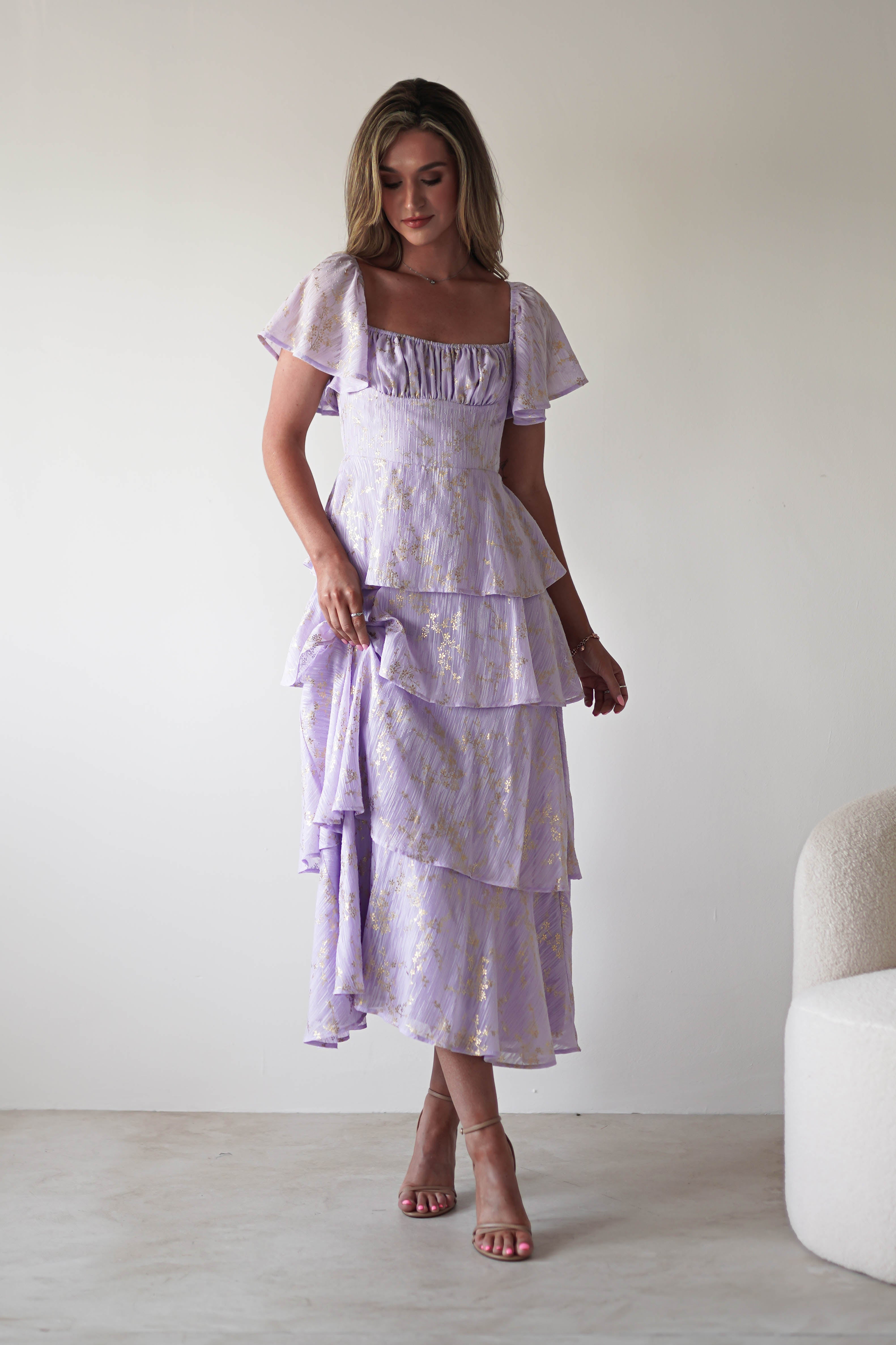Mirielle Gold Detail Ruffle Maxi Dress | Lilac | Oh Hello Clothing | XS (6)