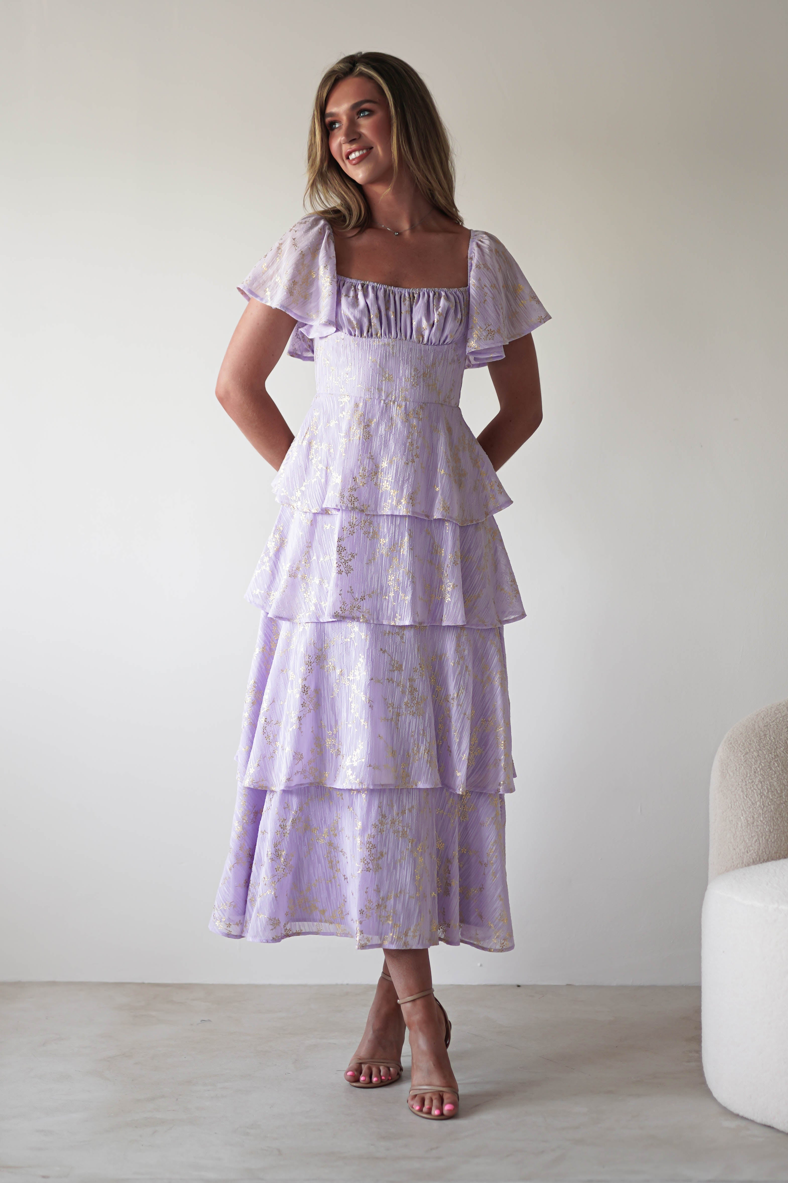 Mirielle Gold Detail Ruffle Maxi Dress | Lilac | Oh Hello Clothing | XS (6)