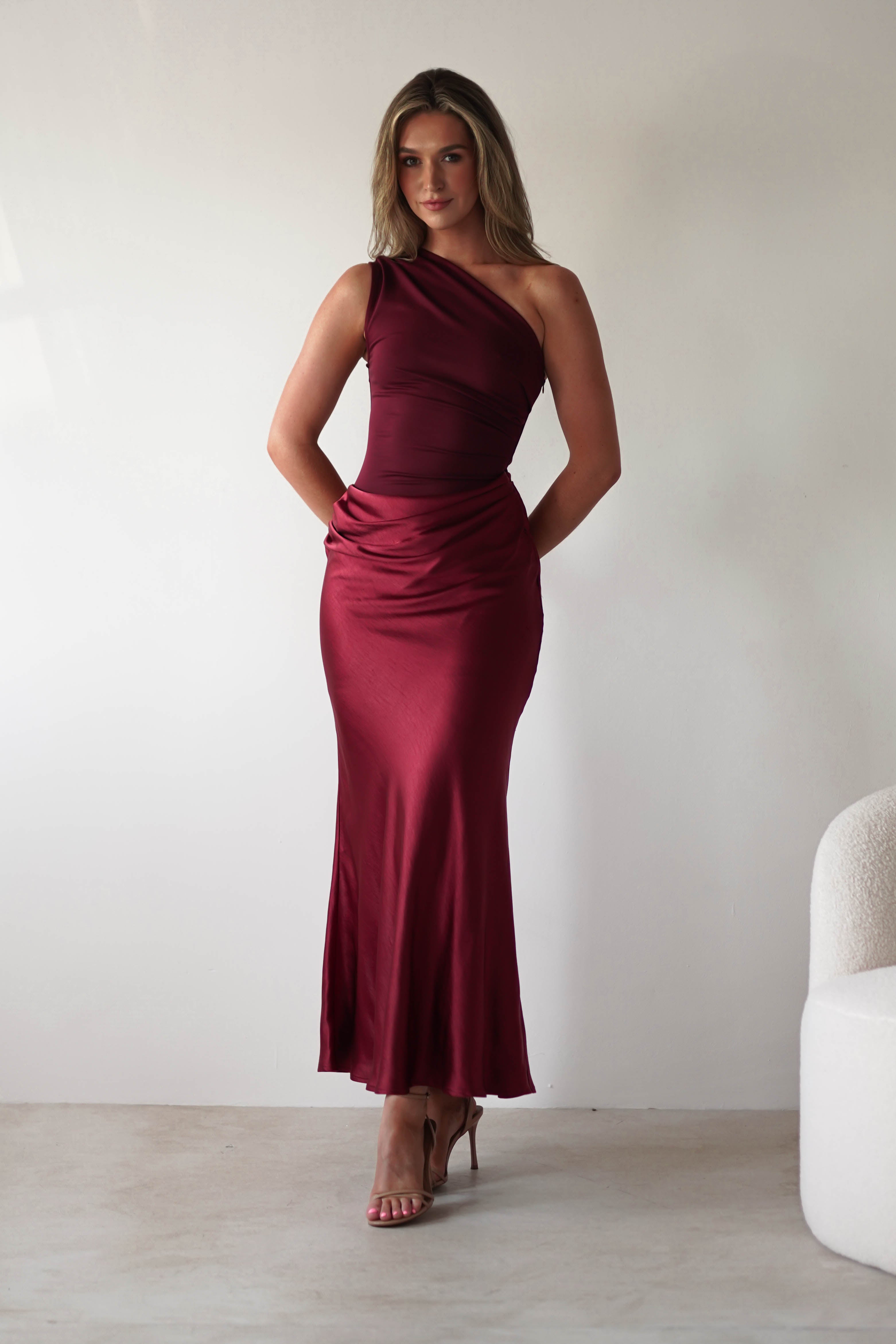 Kashia Draped Satin Maxi Dress | Wine - Oh Hello Clothing