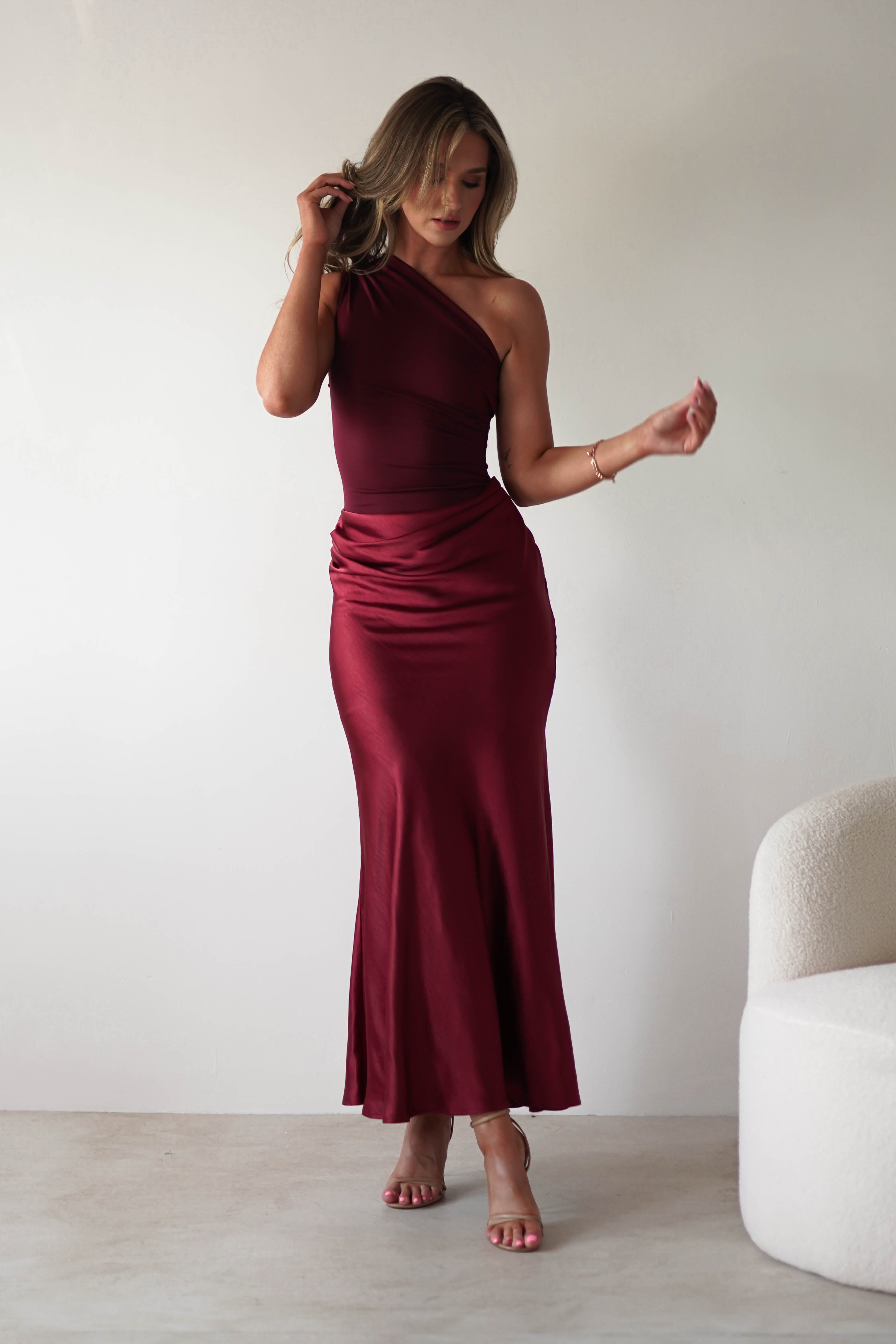 Kashia Draped Satin Maxi Dress | Wine - Oh Hello Clothing