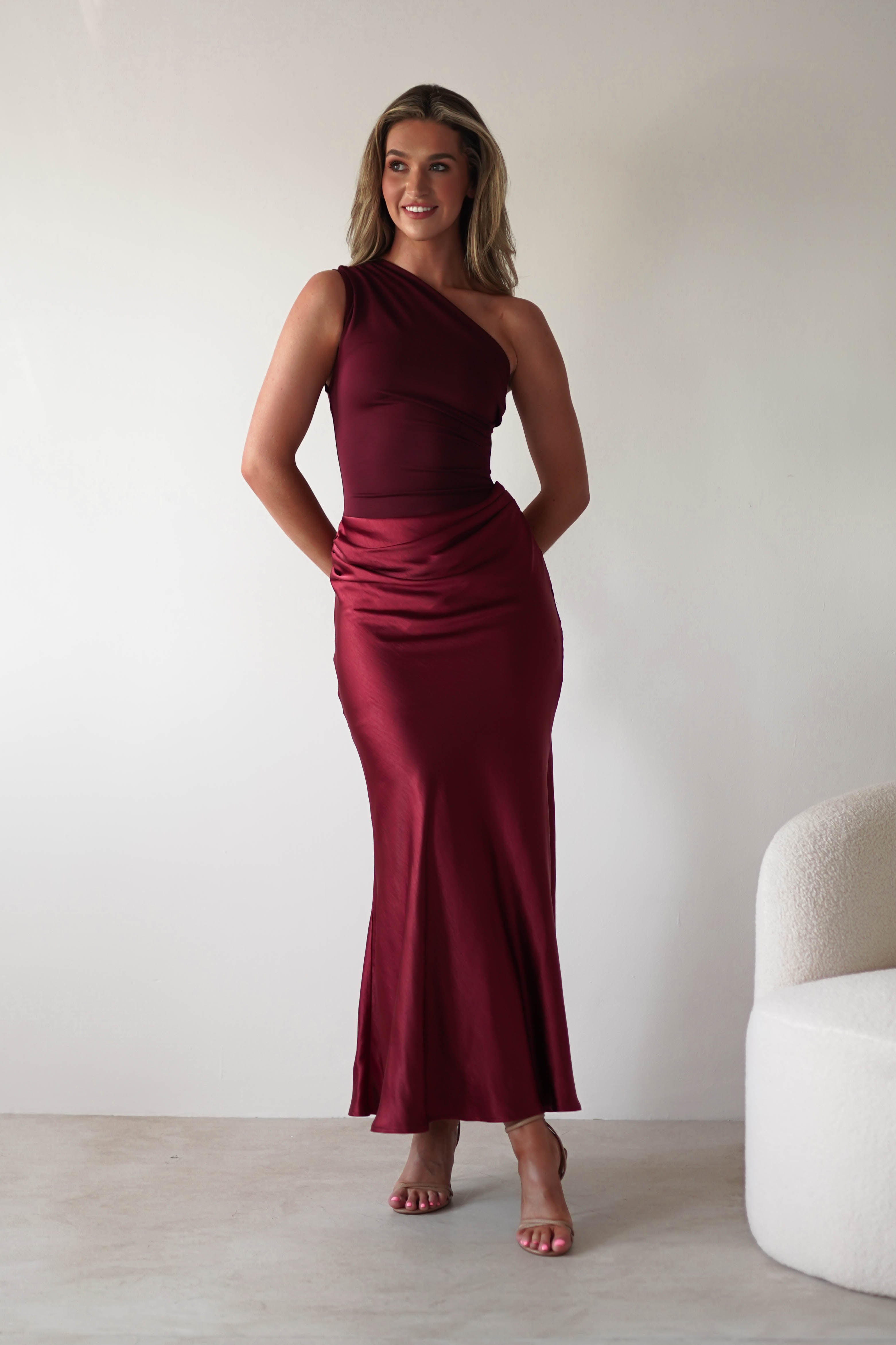 Kashia Draped Satin Maxi Dress | Wine - Oh Hello Clothing