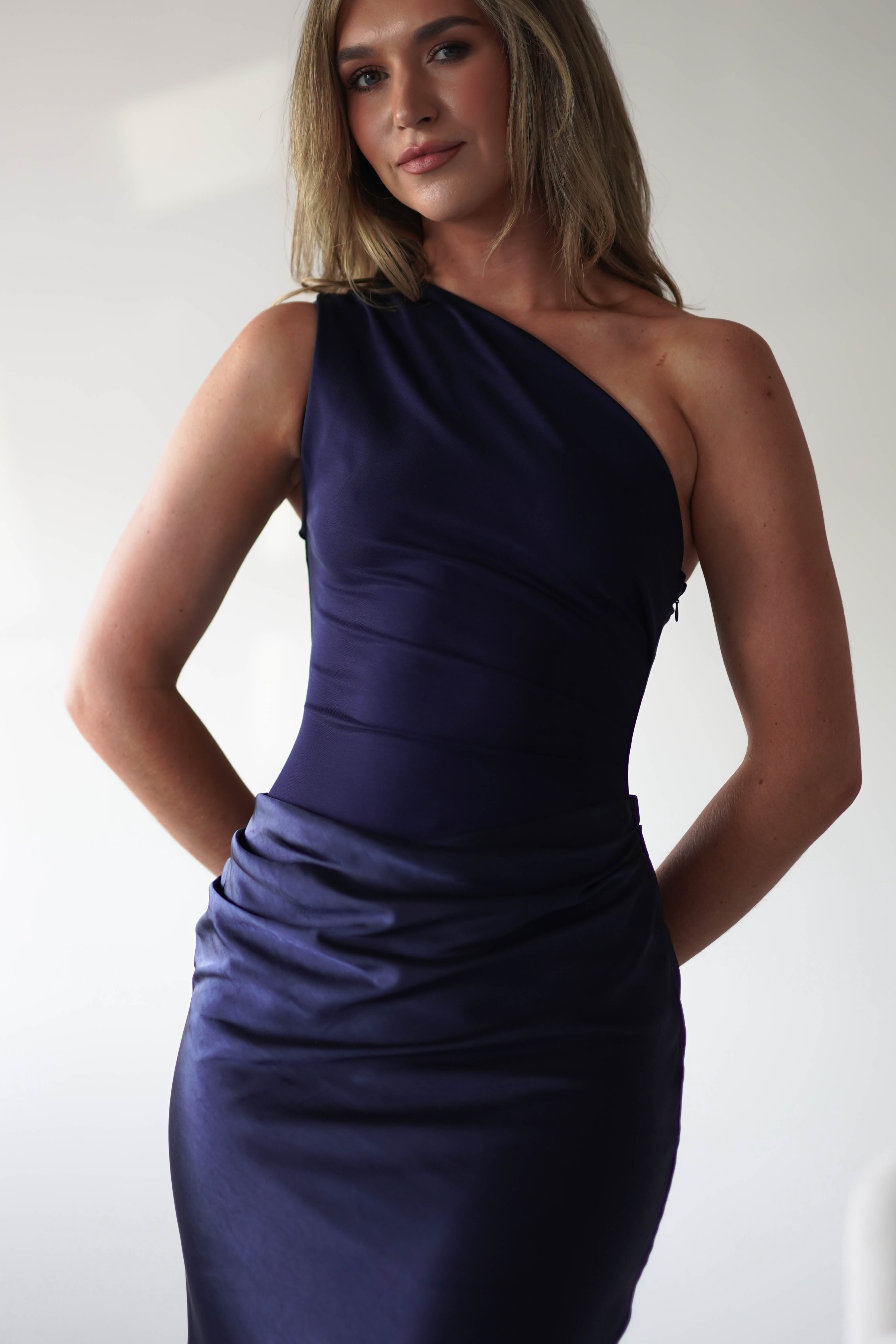 Kashia Draped Satin Maxi Dress | Navy - Oh Hello Clothing