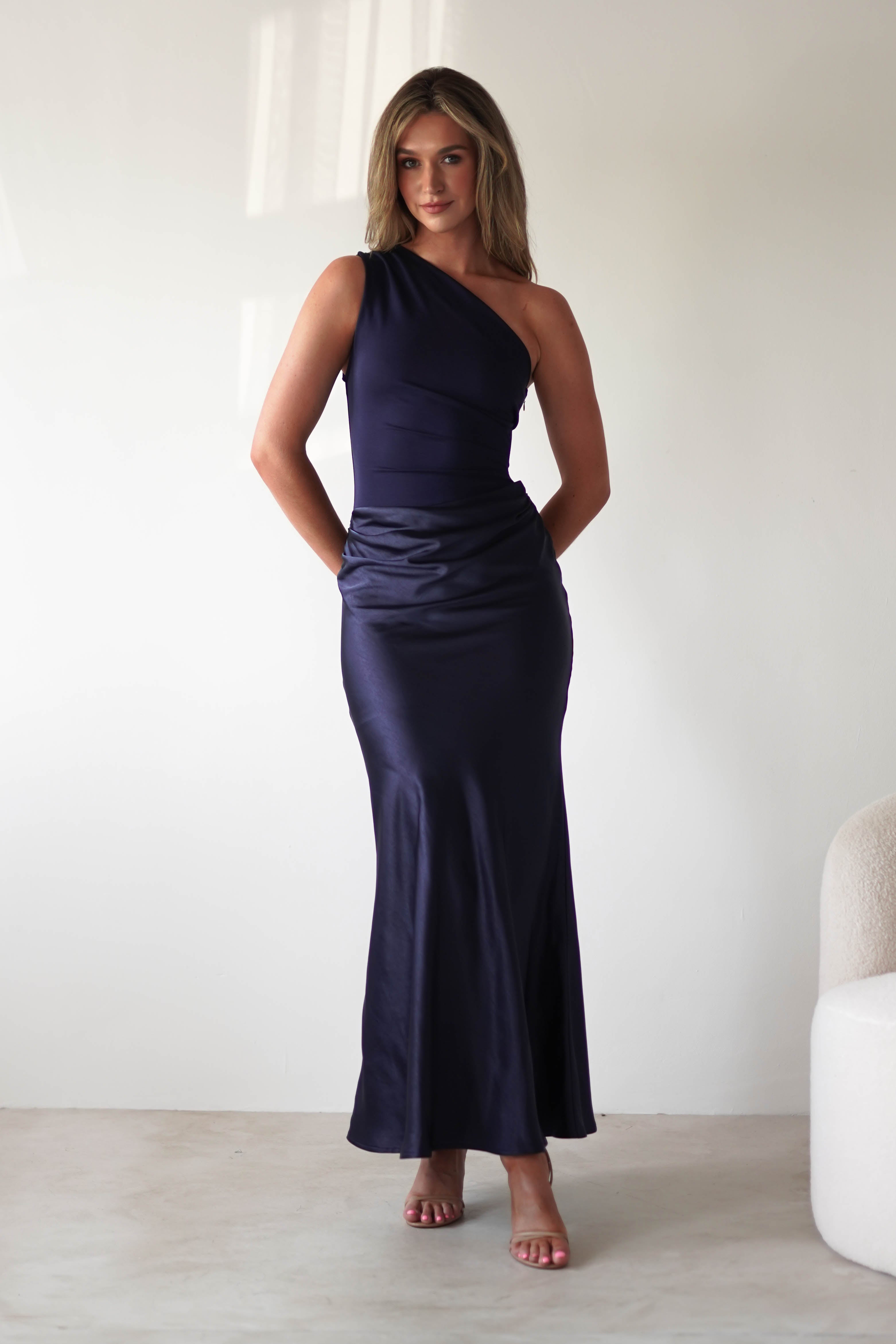 Kashia Draped Satin Maxi Dress | Navy - Oh Hello Clothing