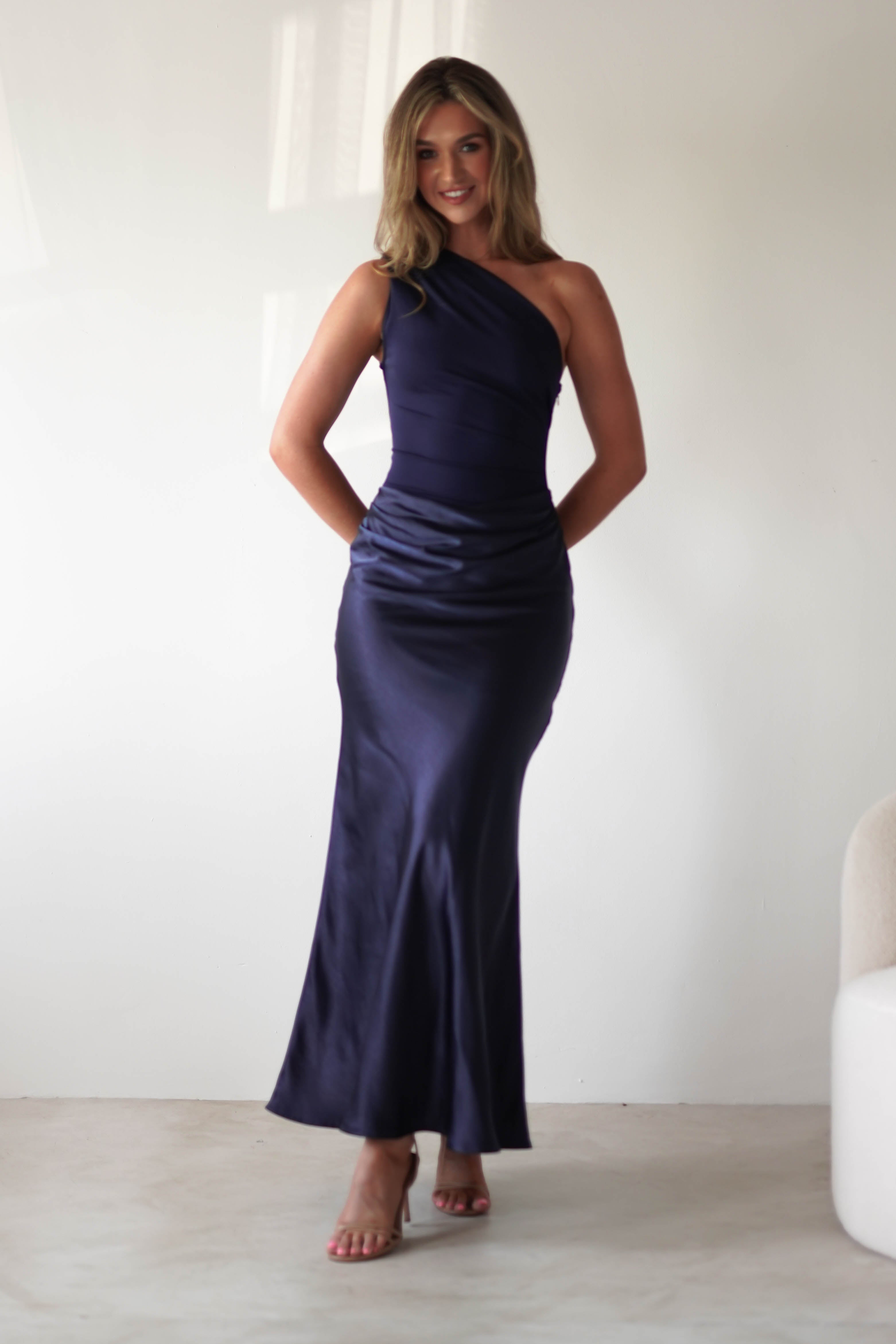 Kashia Draped Satin Maxi Dress | Navy - Oh Hello Clothing