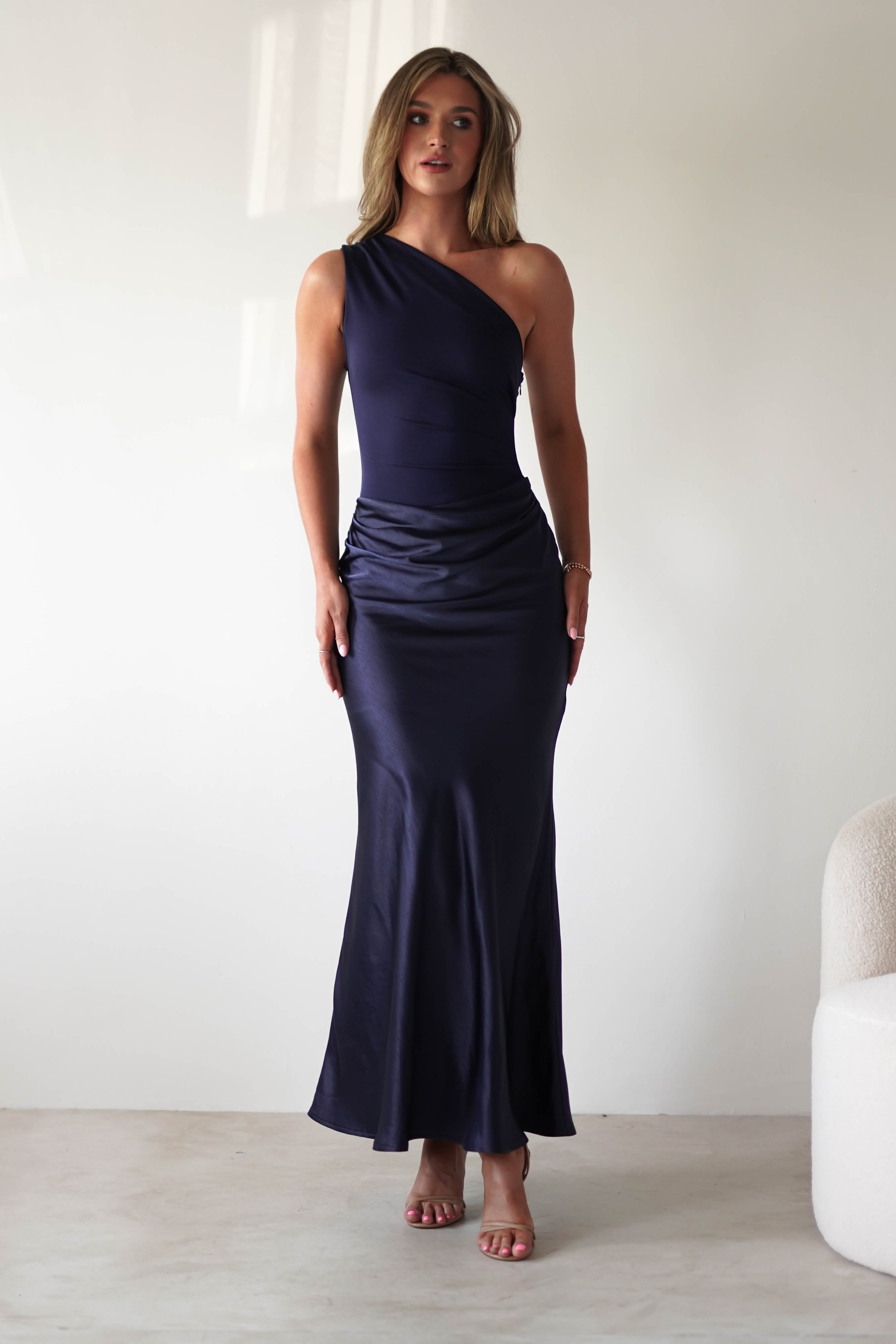 Kashia Draped Satin Maxi Dress | Navy - Oh Hello Clothing