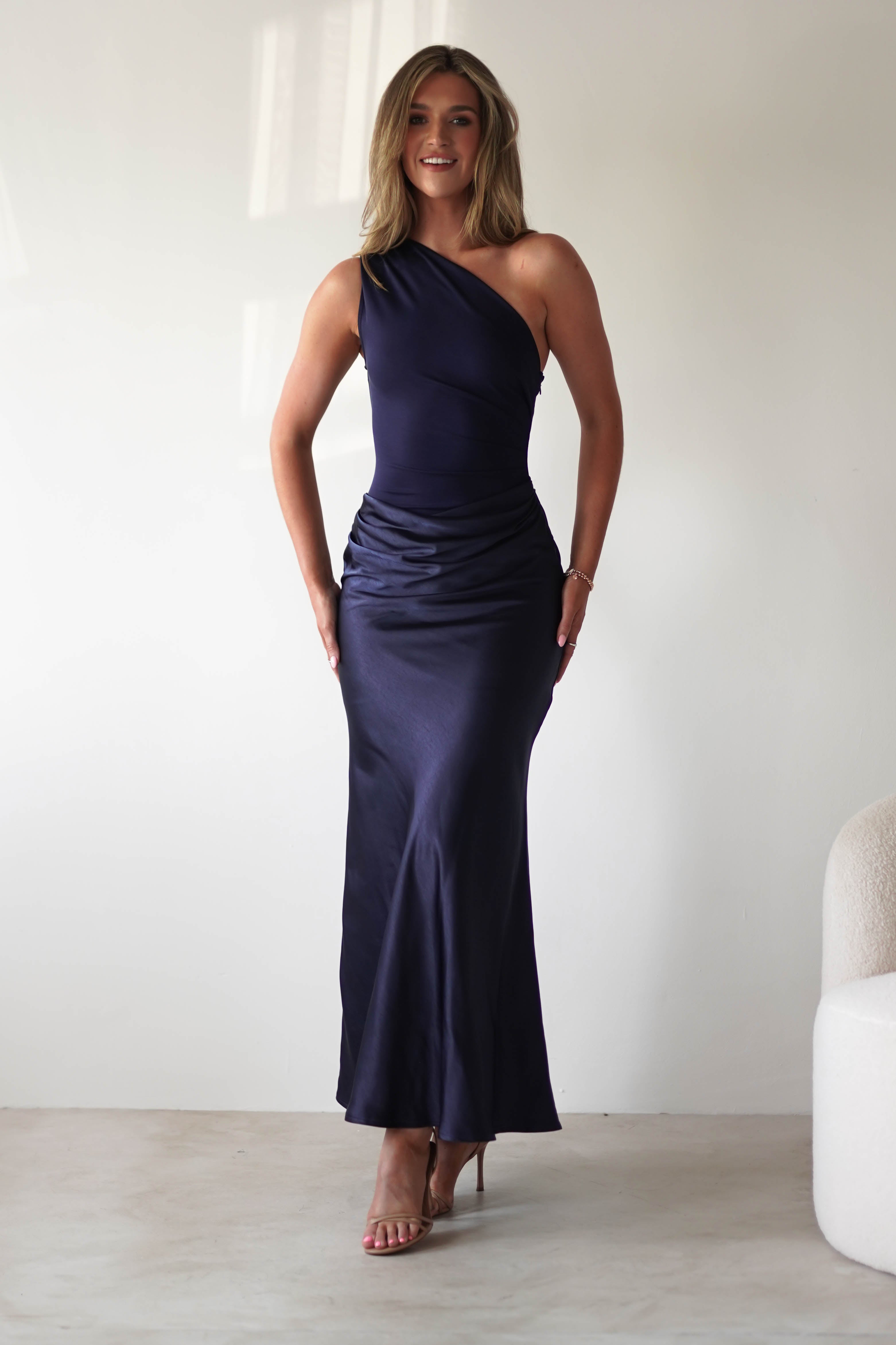 Kashia Draped Satin Maxi Dress | Navy - Oh Hello Clothing