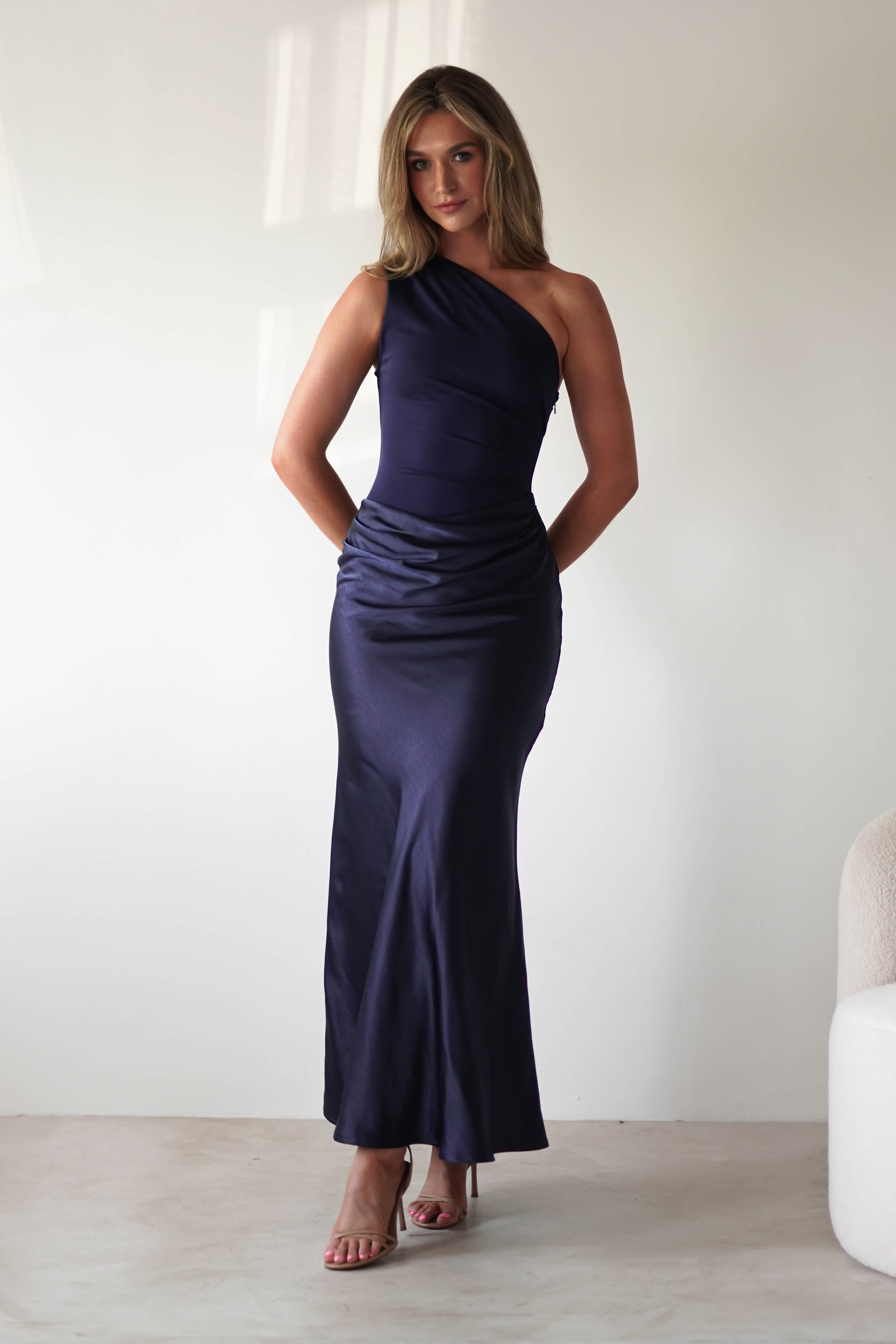 Kashia Draped Satin Maxi Dress | Navy - Oh Hello Clothing