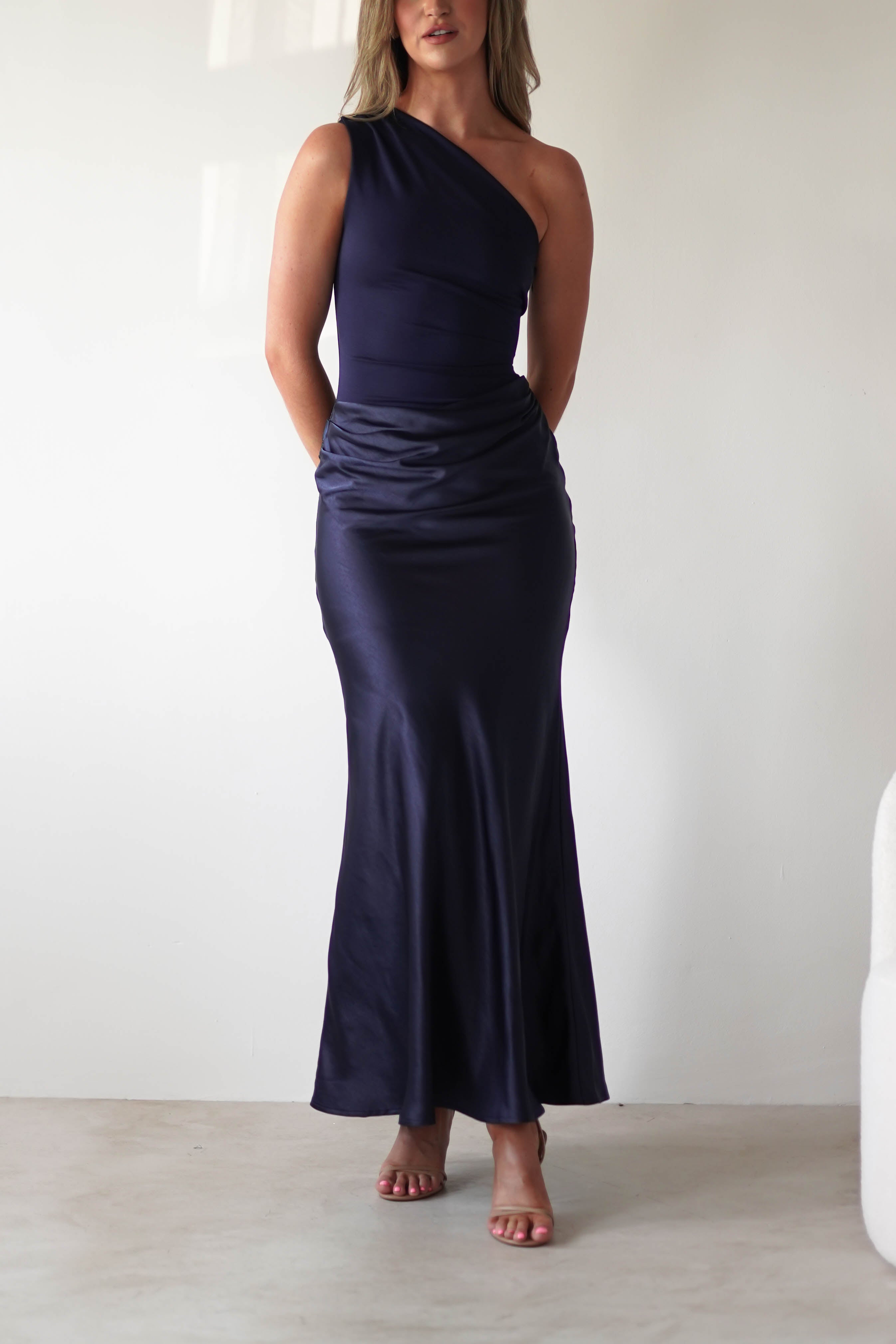 Kashia Draped Satin Maxi Dress | Navy - Oh Hello Clothing