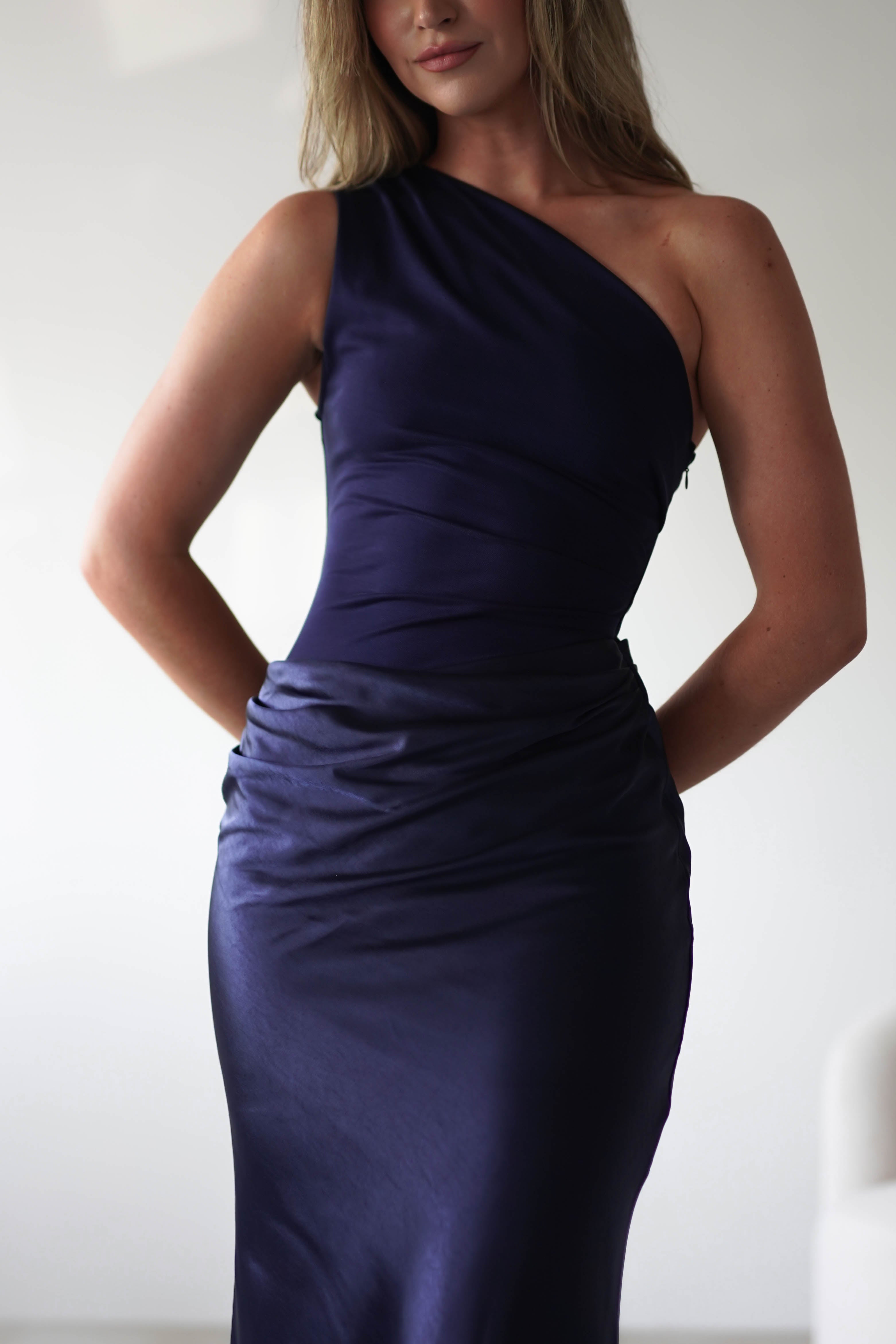 Kashia Draped Satin Maxi Dress | Navy - Oh Hello Clothing