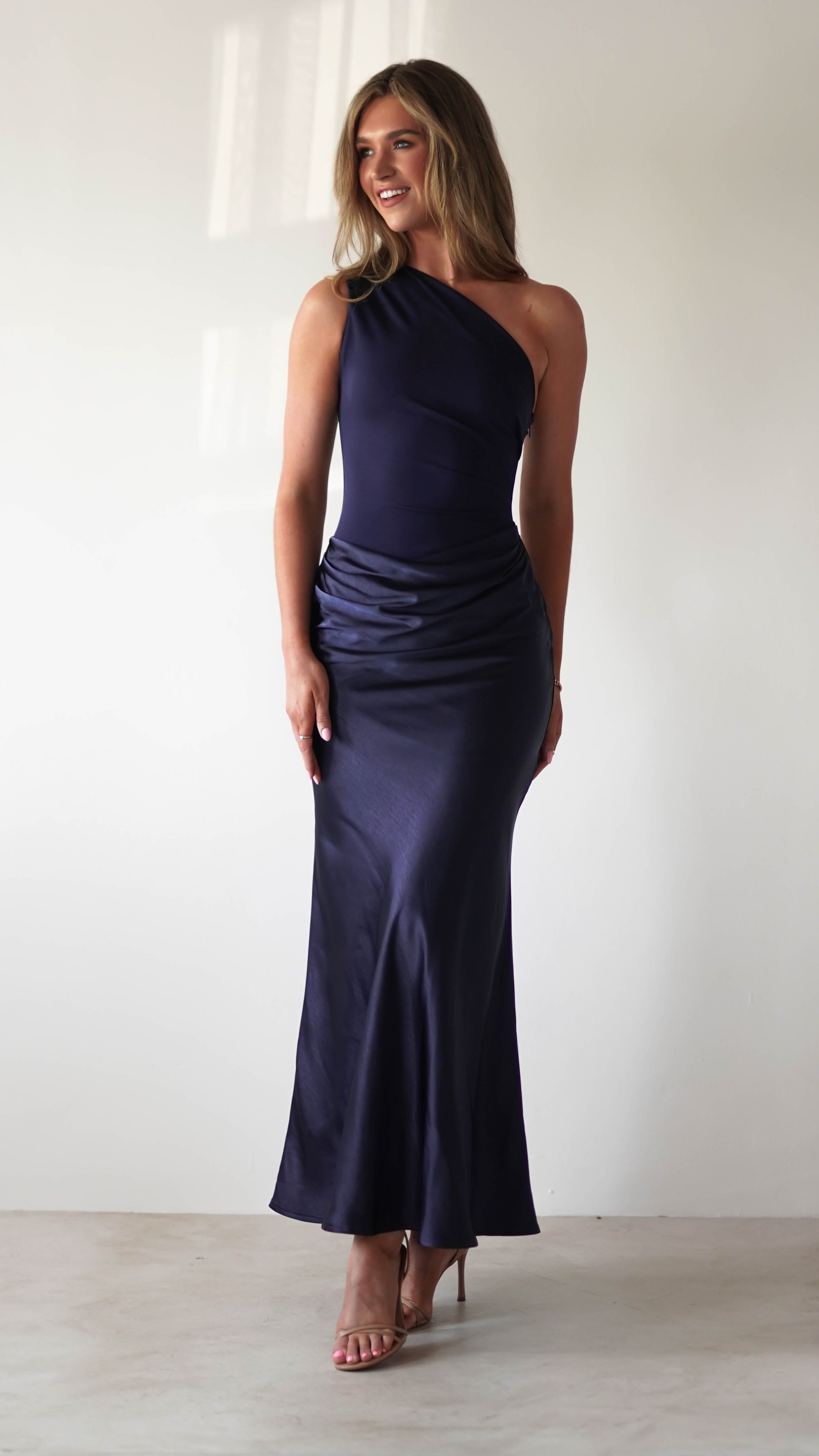 Kashia Draped Satin Maxi Dress | Navy - Oh Hello Clothing