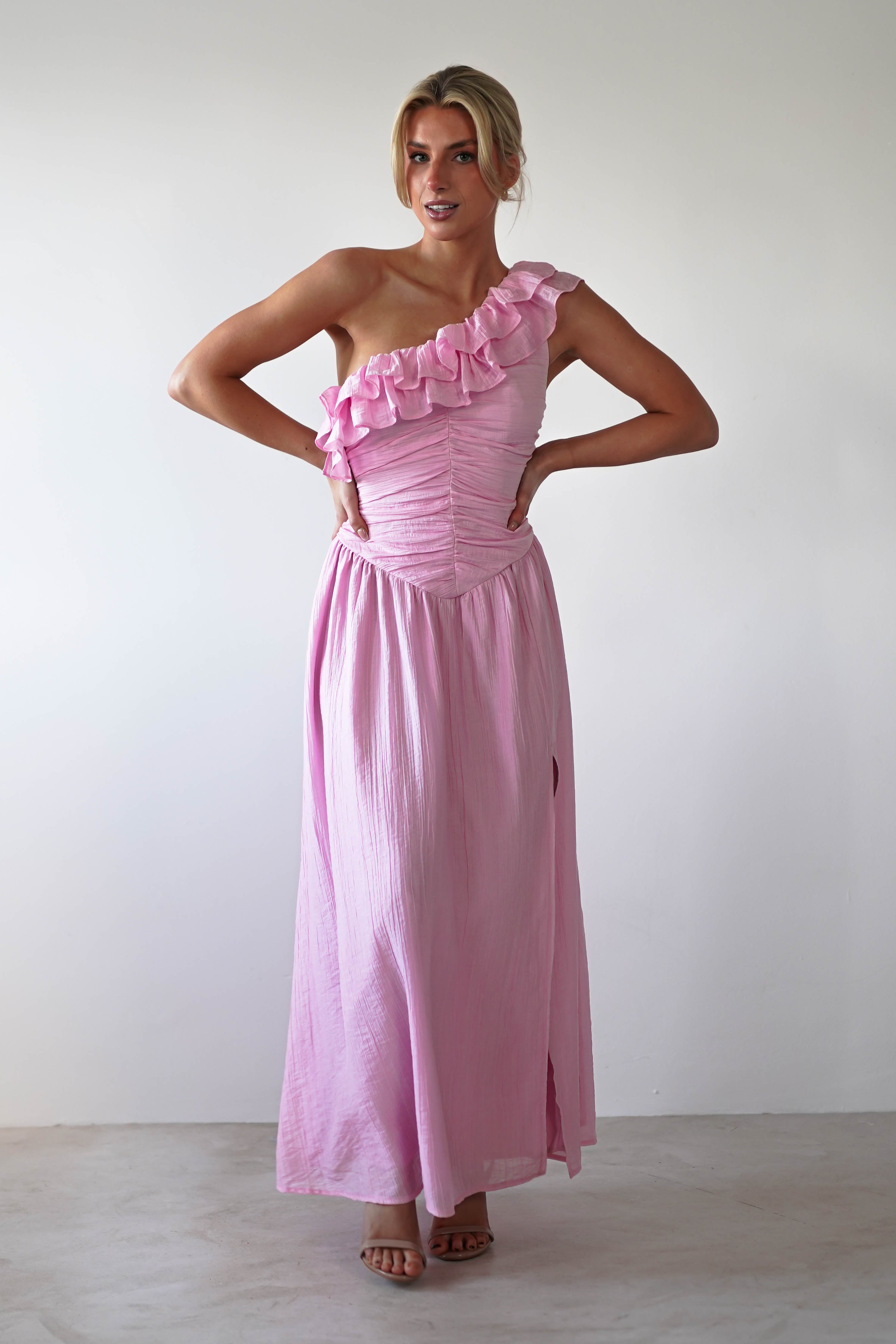 Jamie Ruffle One Shoulder Midaxi | Pink - Oh Hello Clothing