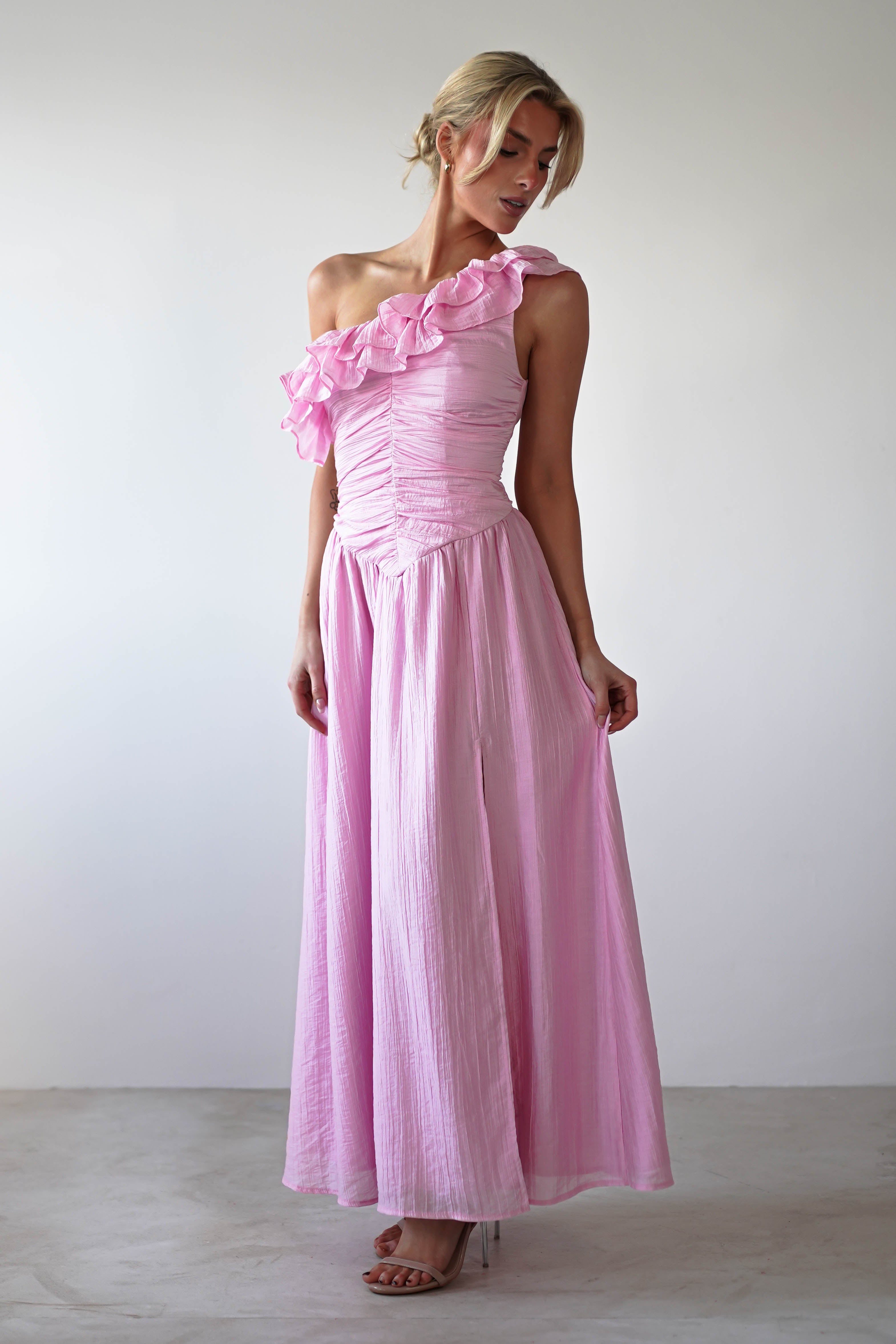 Jamie Ruffle One Shoulder Midaxi | Pink - Oh Hello Clothing