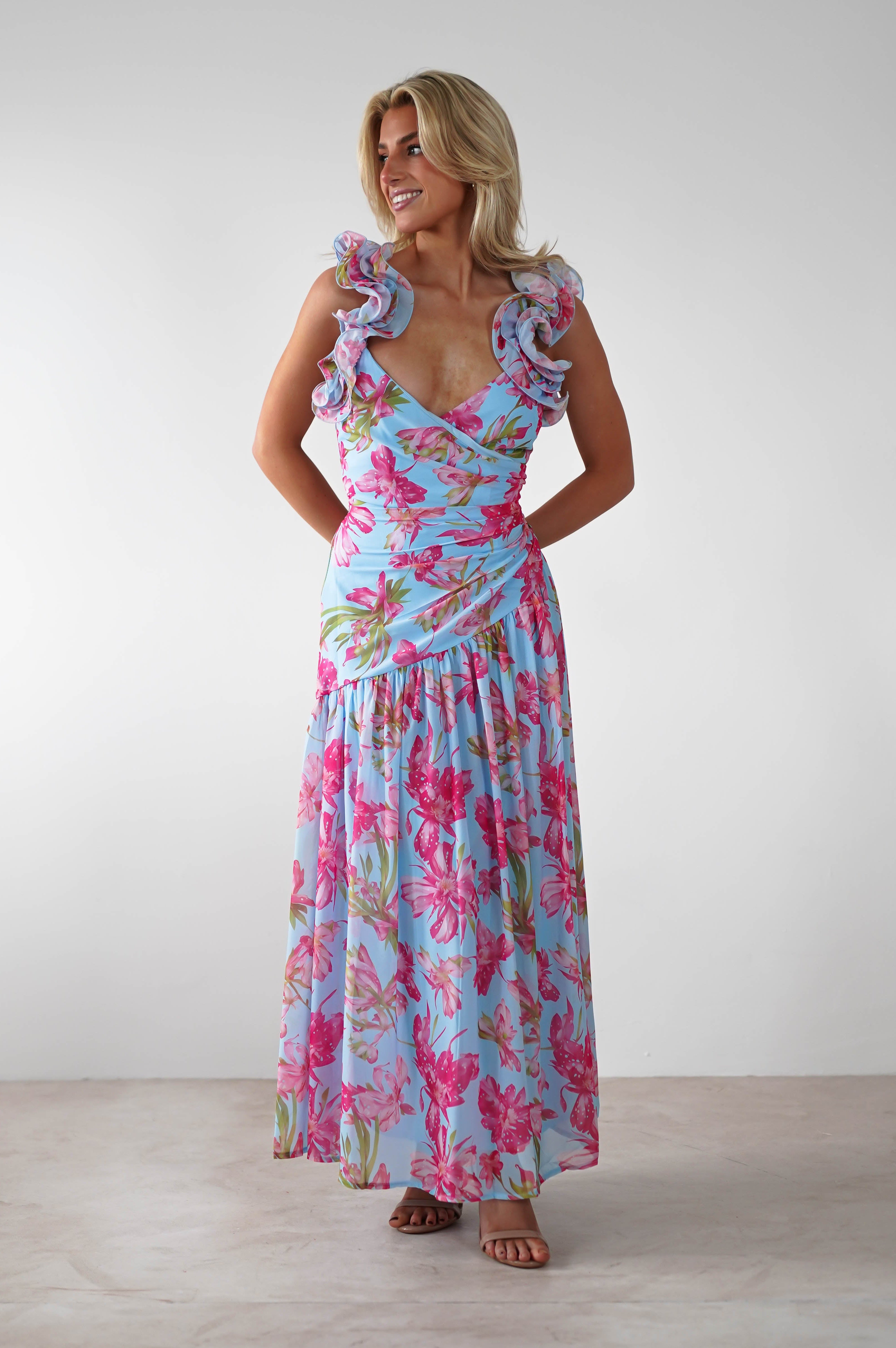 Karmen Ruffle Floral Midaxi Dress | Blue/Pink - Oh Hello Clothing