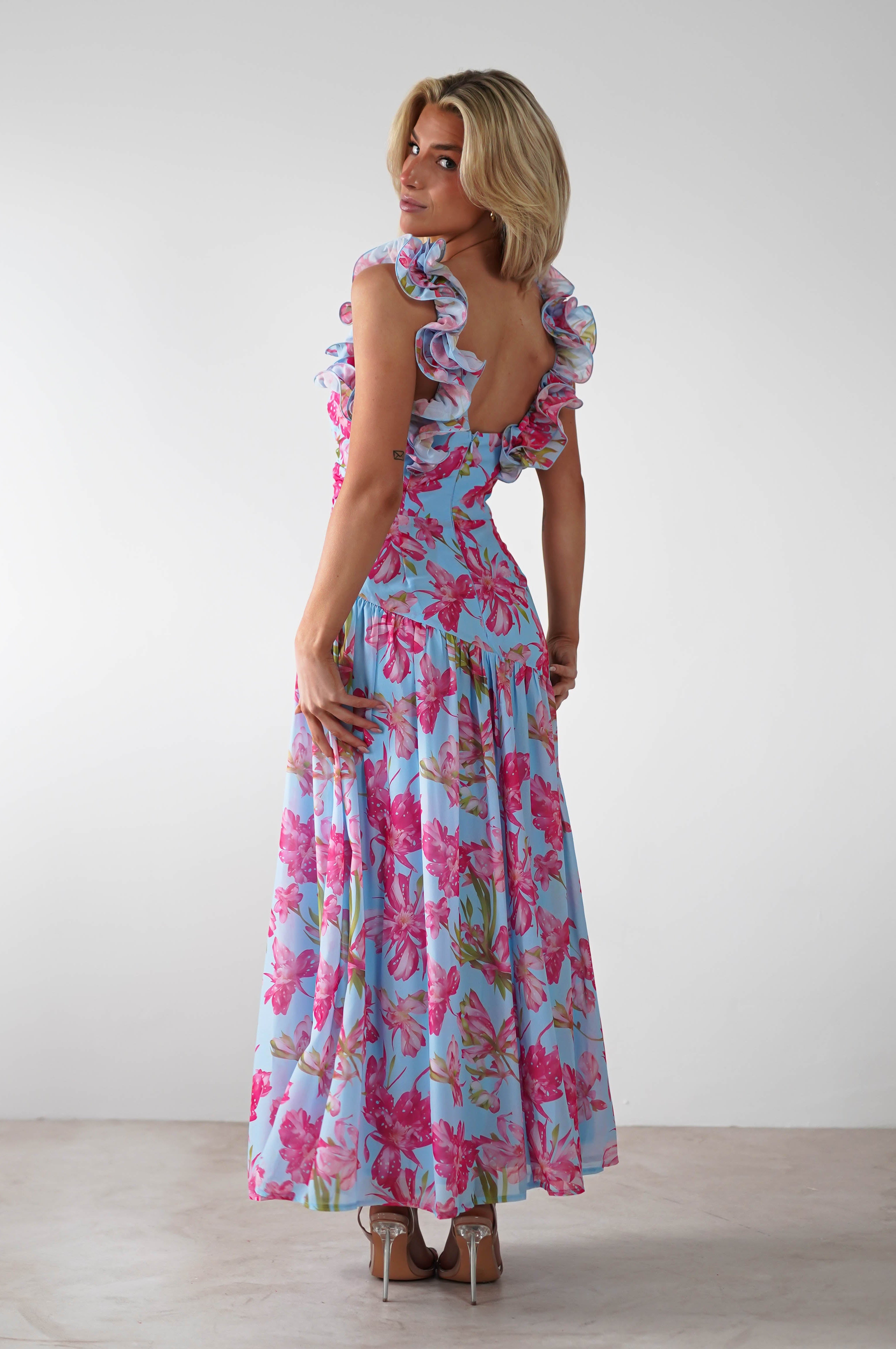 Karmen Ruffle Floral Midaxi Dress | Blue/Pink - Oh Hello Clothing