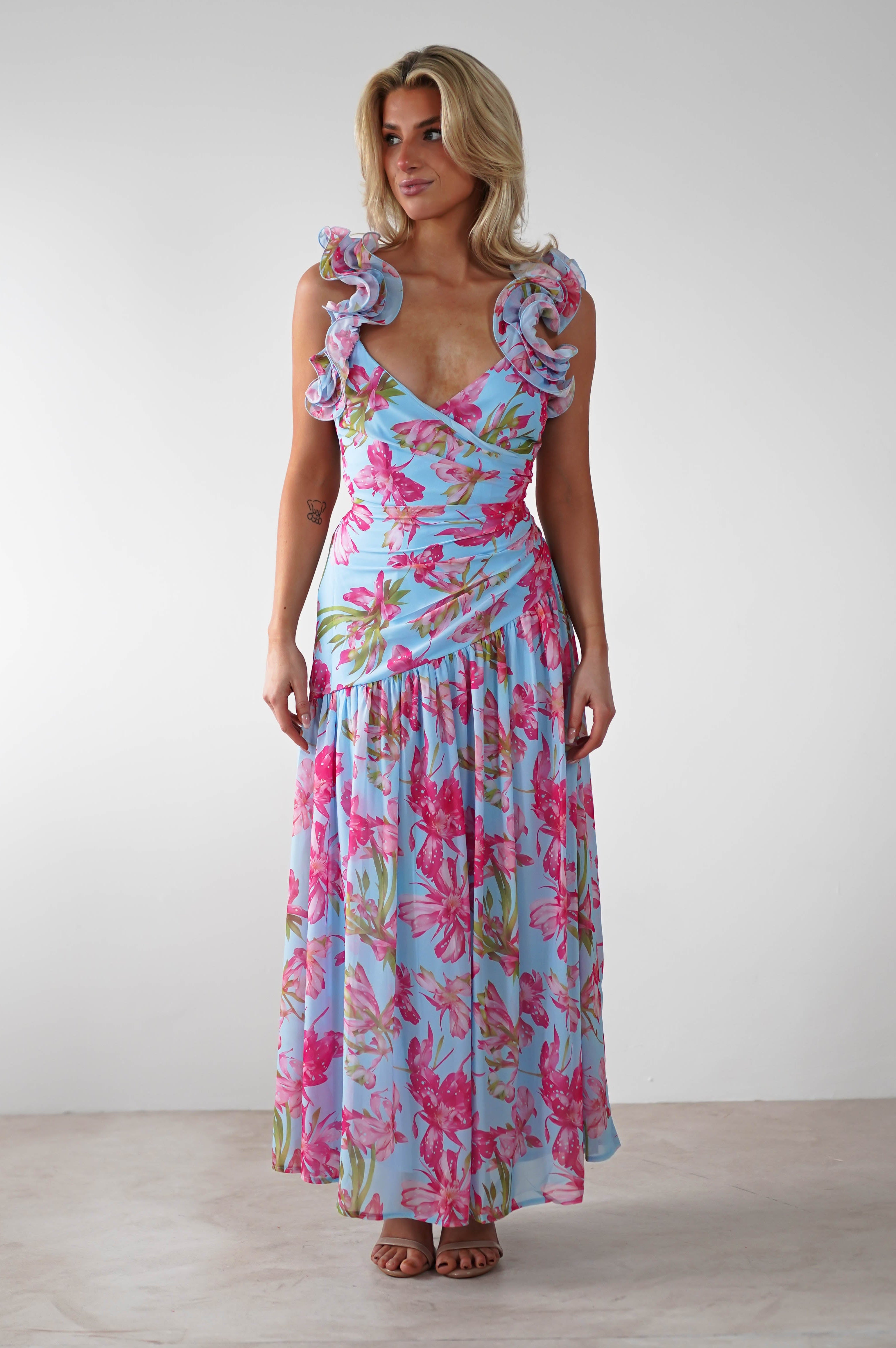 Karmen Ruffle Floral Midaxi Dress | Blue/Pink - Oh Hello Clothing
