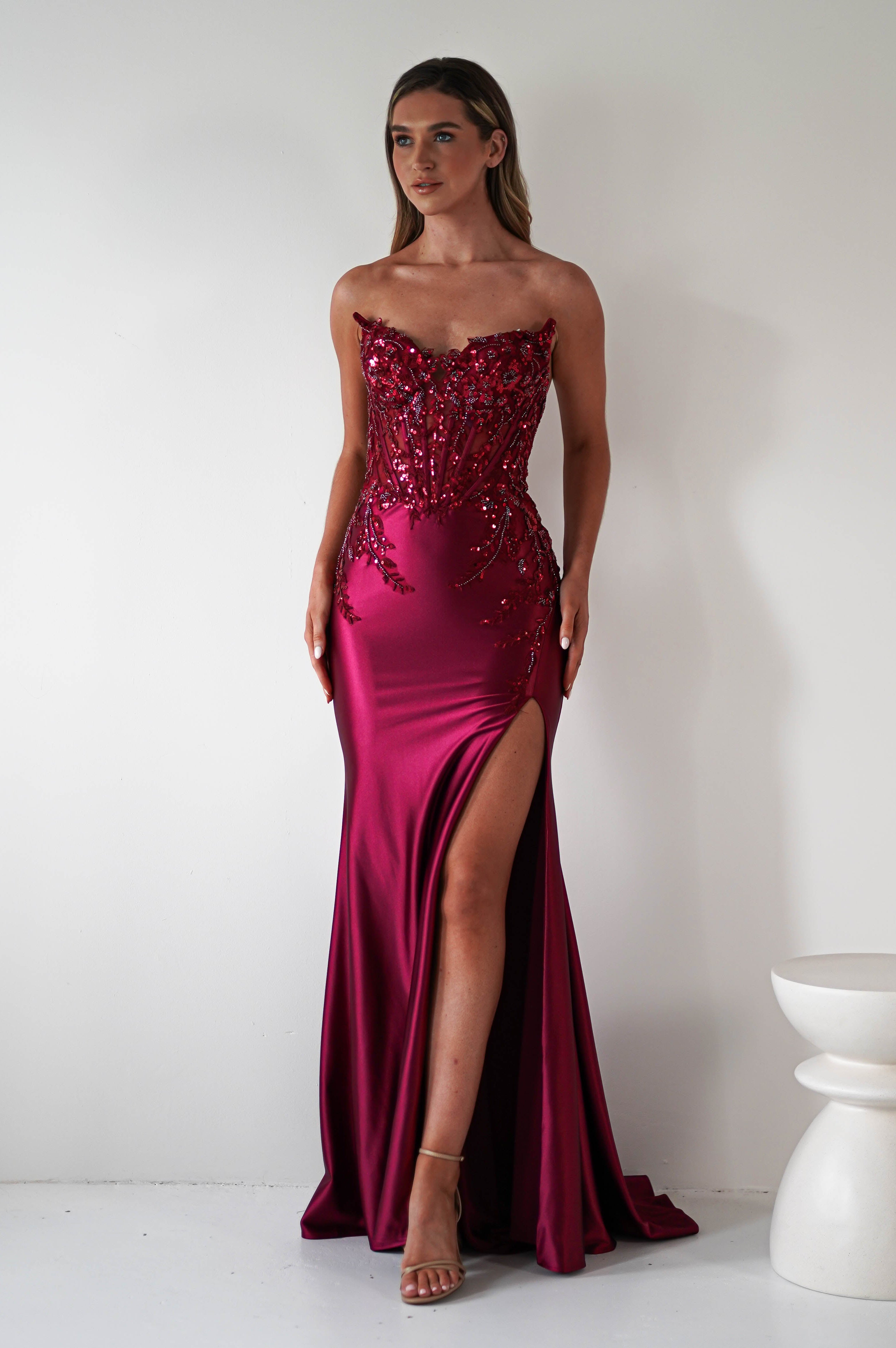 Dallas Luxe Embellished Gown | Dark Wine | Oh Hello Clothing | XS (6)