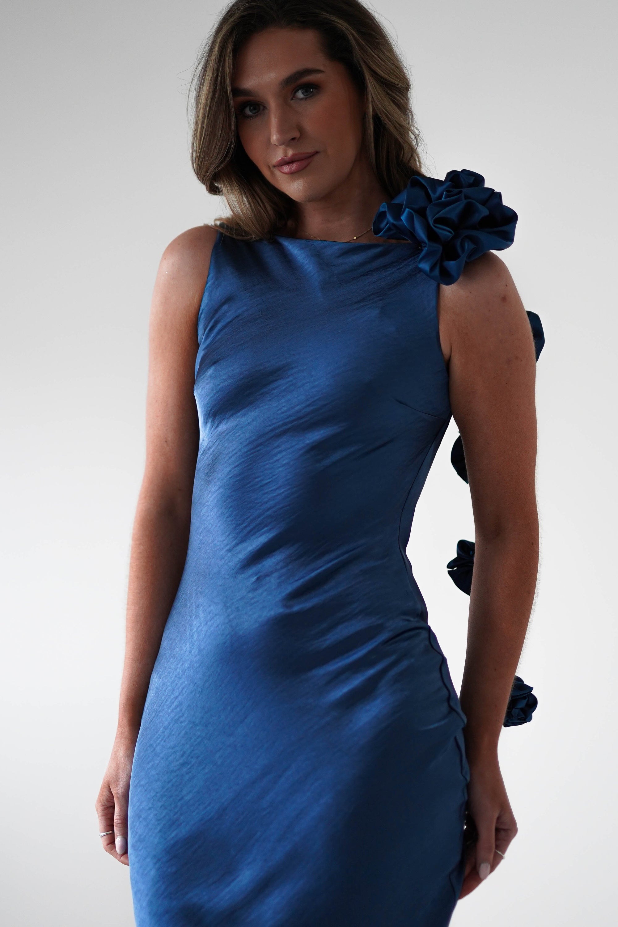 Karley Soft Satin Maxi Dress | Slate Blue - Oh Hello Clothing