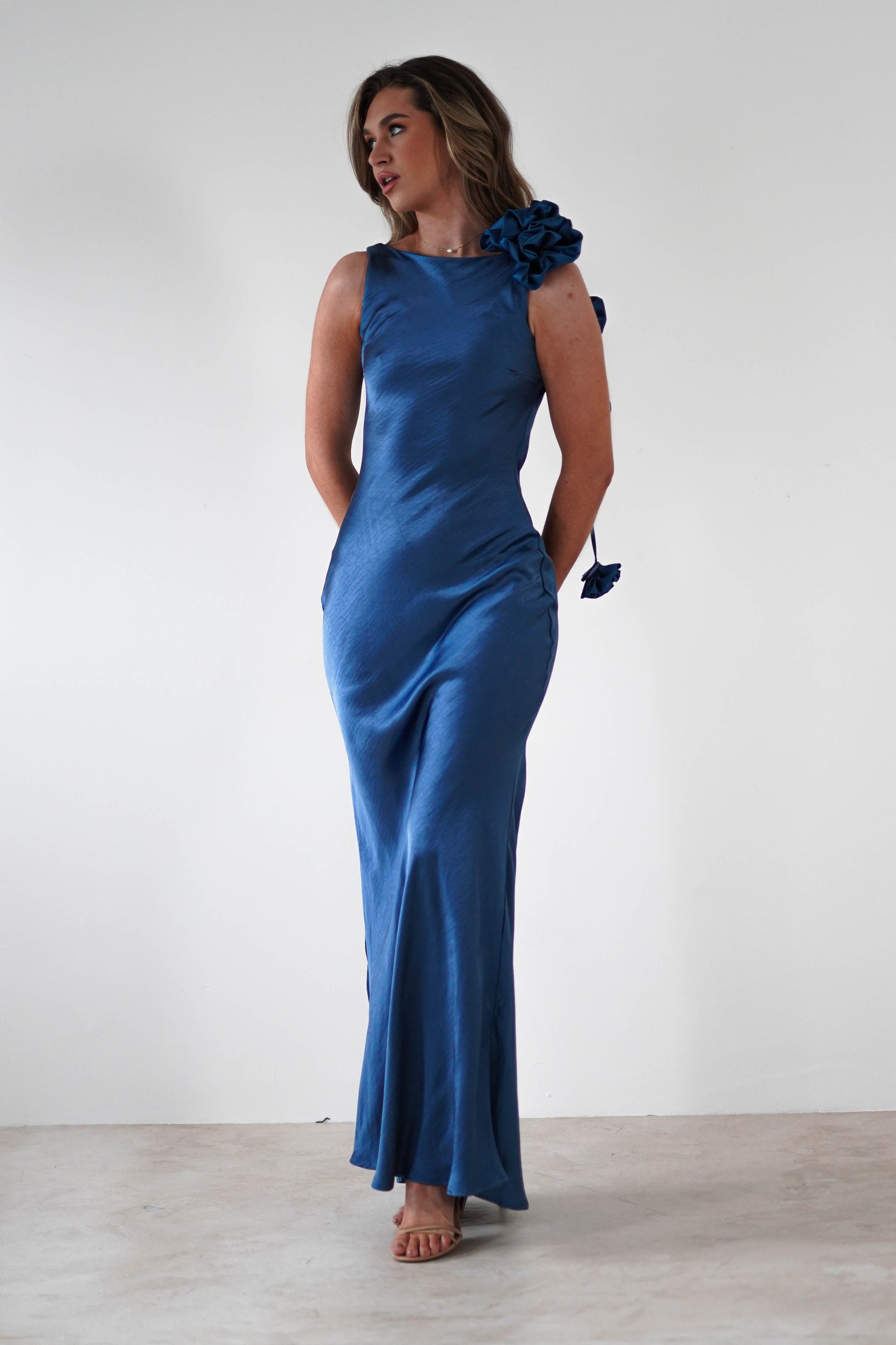 Karley Soft Satin Maxi Dress | Slate Blue - Oh Hello Clothing
