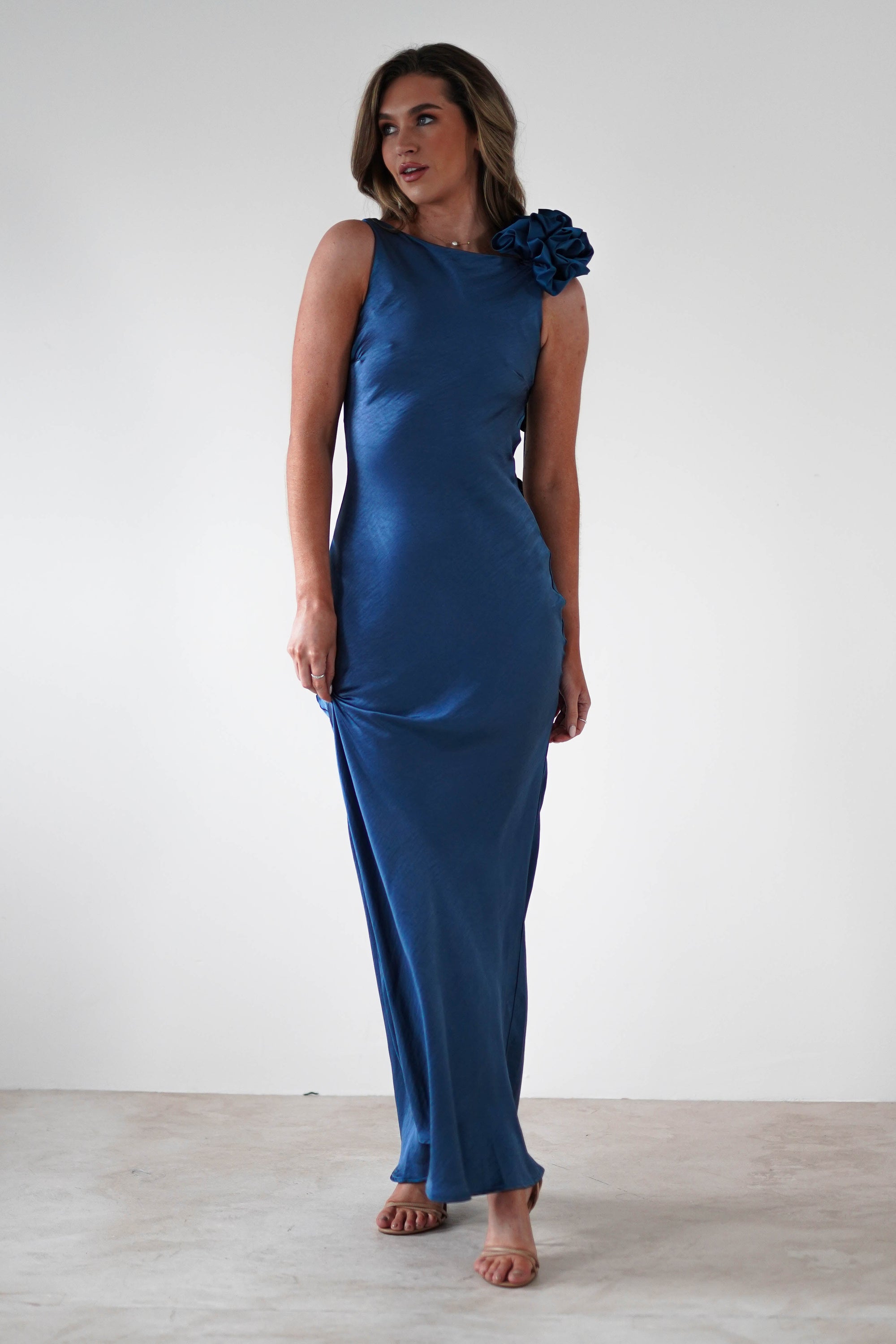 Karley Soft Satin Maxi Dress | Slate Blue - Oh Hello Clothing