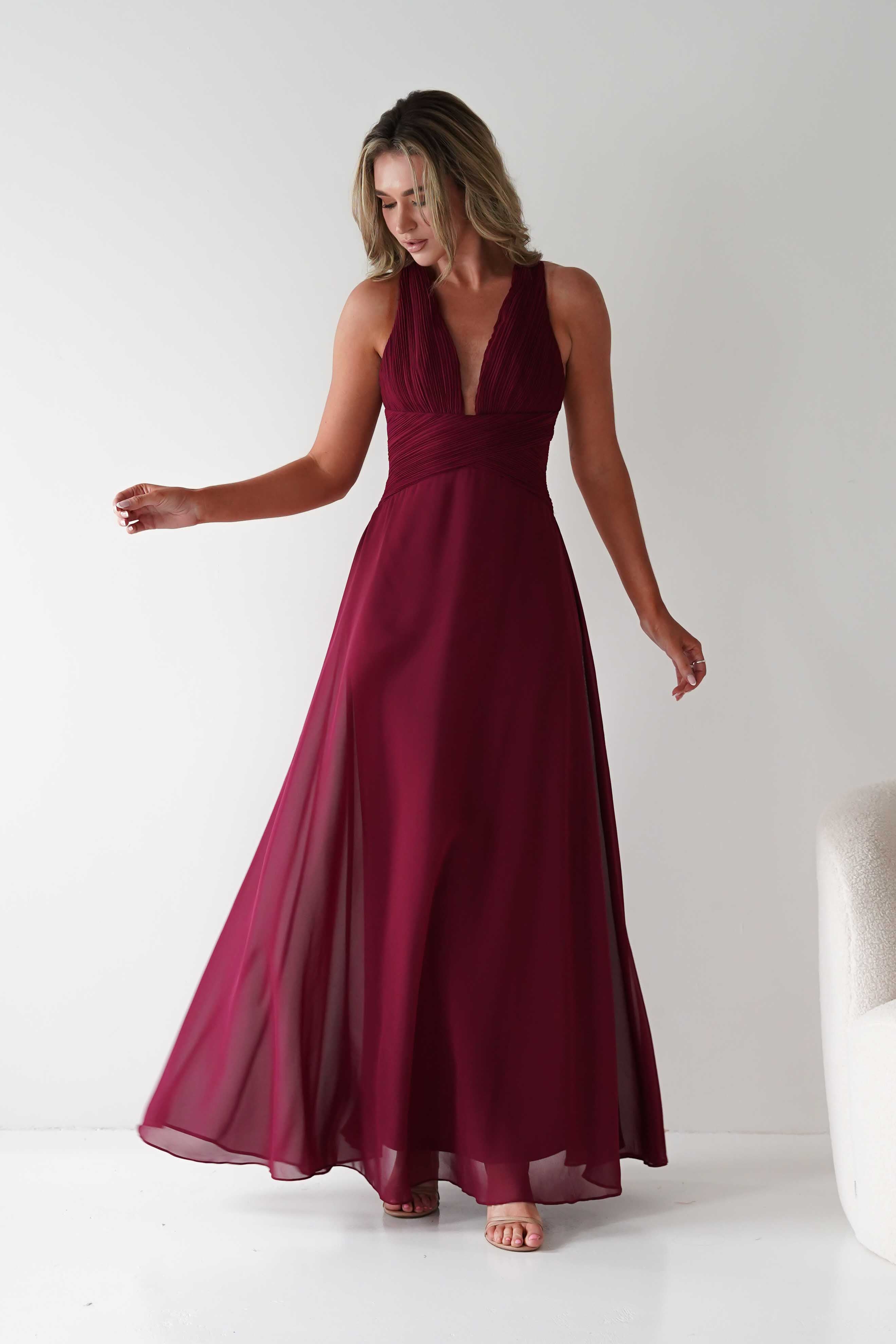 MANIJU Dresses 1*DONE - MANIJU- MF23000- BERRY V-Neck Gown with Cross-Back Straps