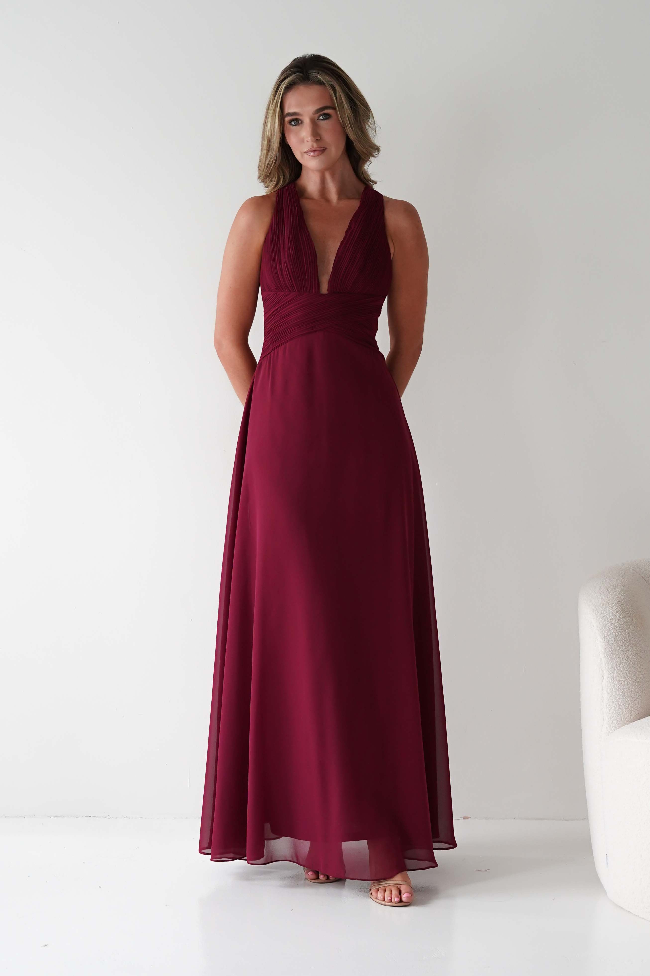 MANIJU Dresses 1*DONE - MANIJU- MF23000- BERRY V-Neck Gown with Cross-Back Straps