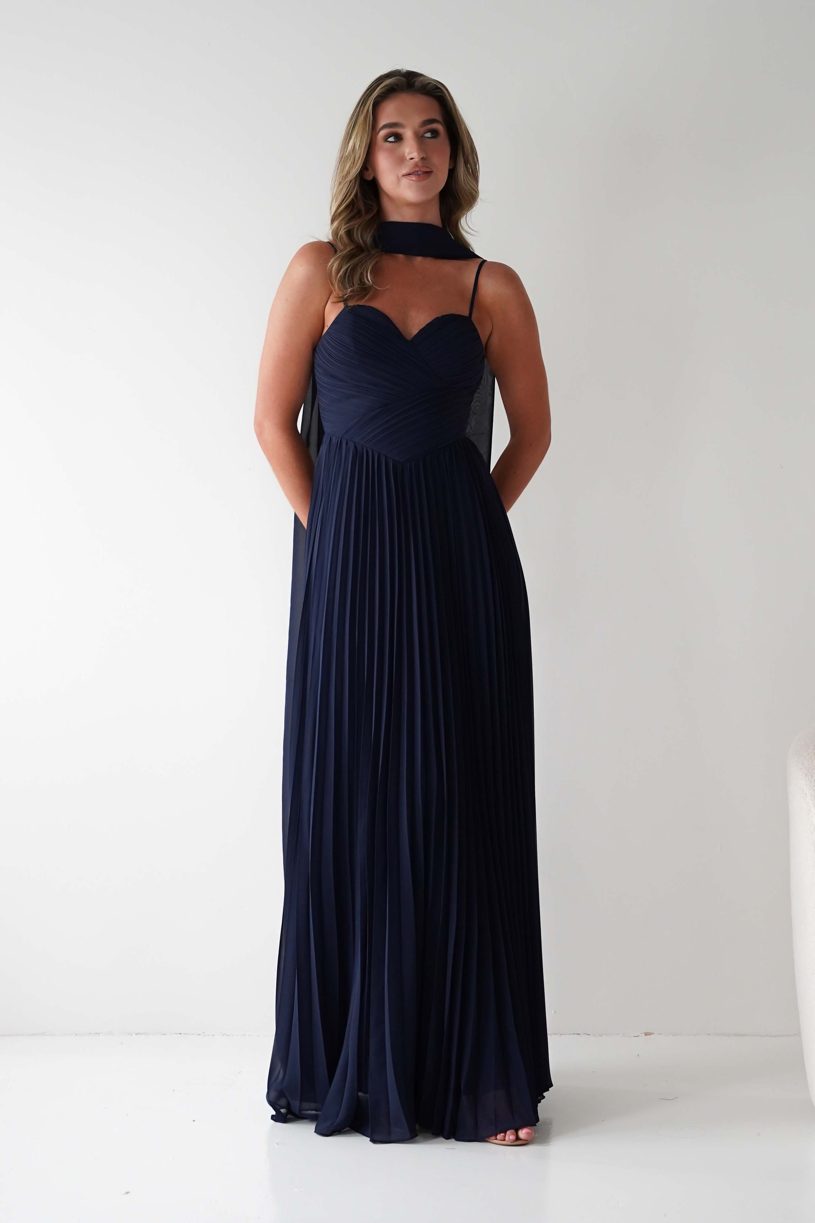 MANIJU Dresses 1*DONE - MANIJU- MF25100-NAVY PLEATED GOWN