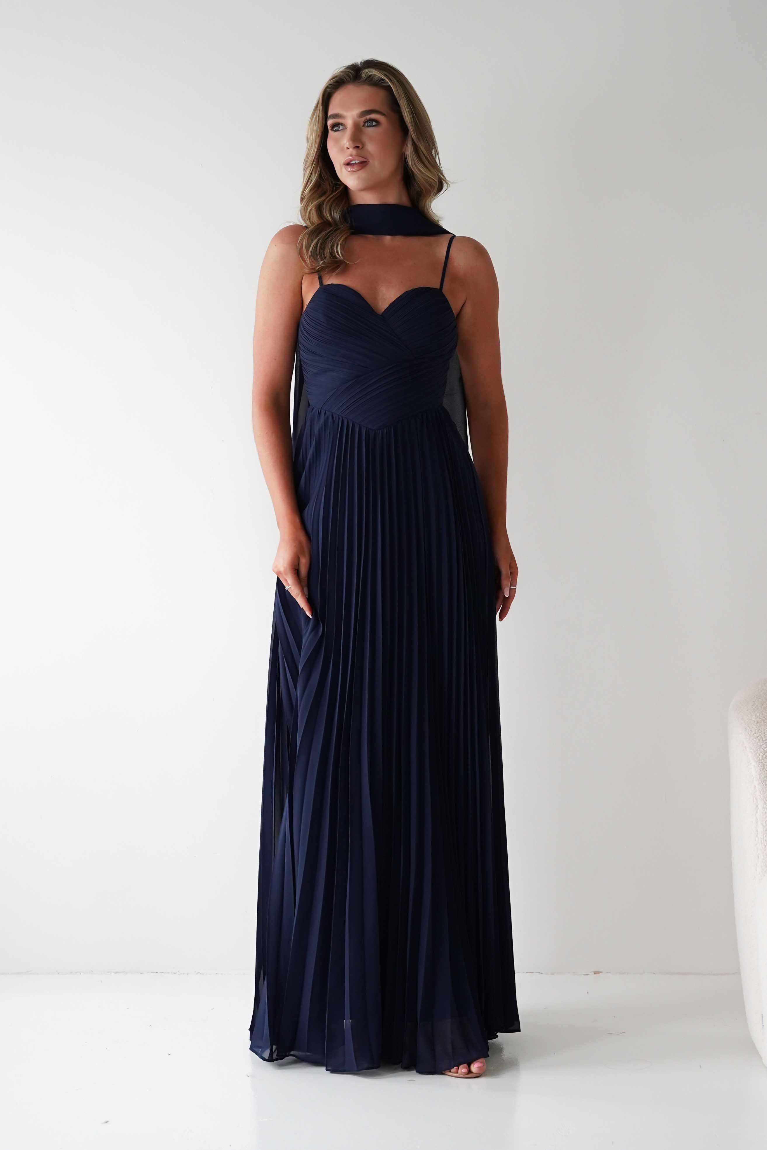 MANIJU Dresses 1*DONE - MANIJU- MF25100-NAVY PLEATED GOWN