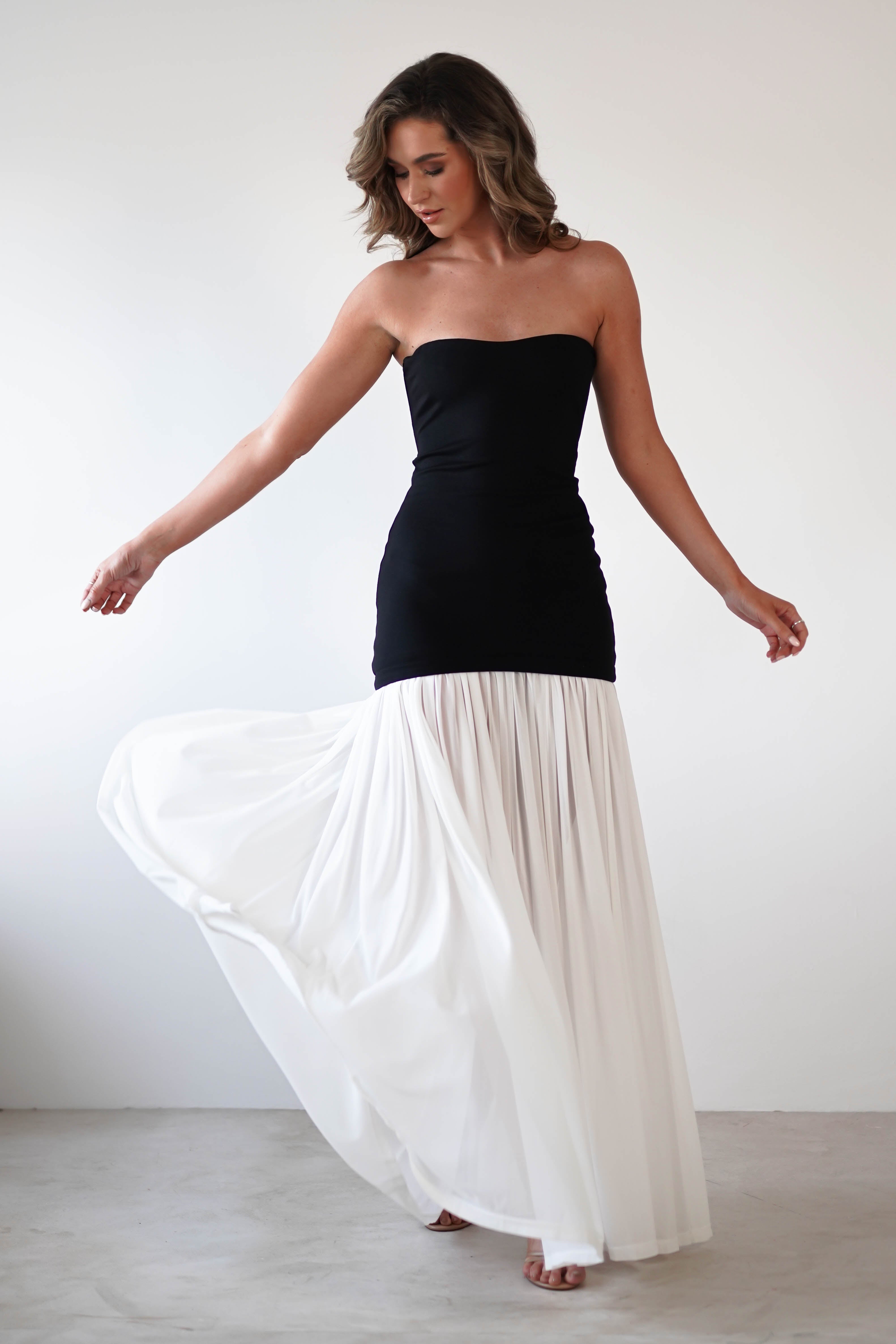 Mel Strapless Chiffon Skirt Maxi Dress | Black/White
