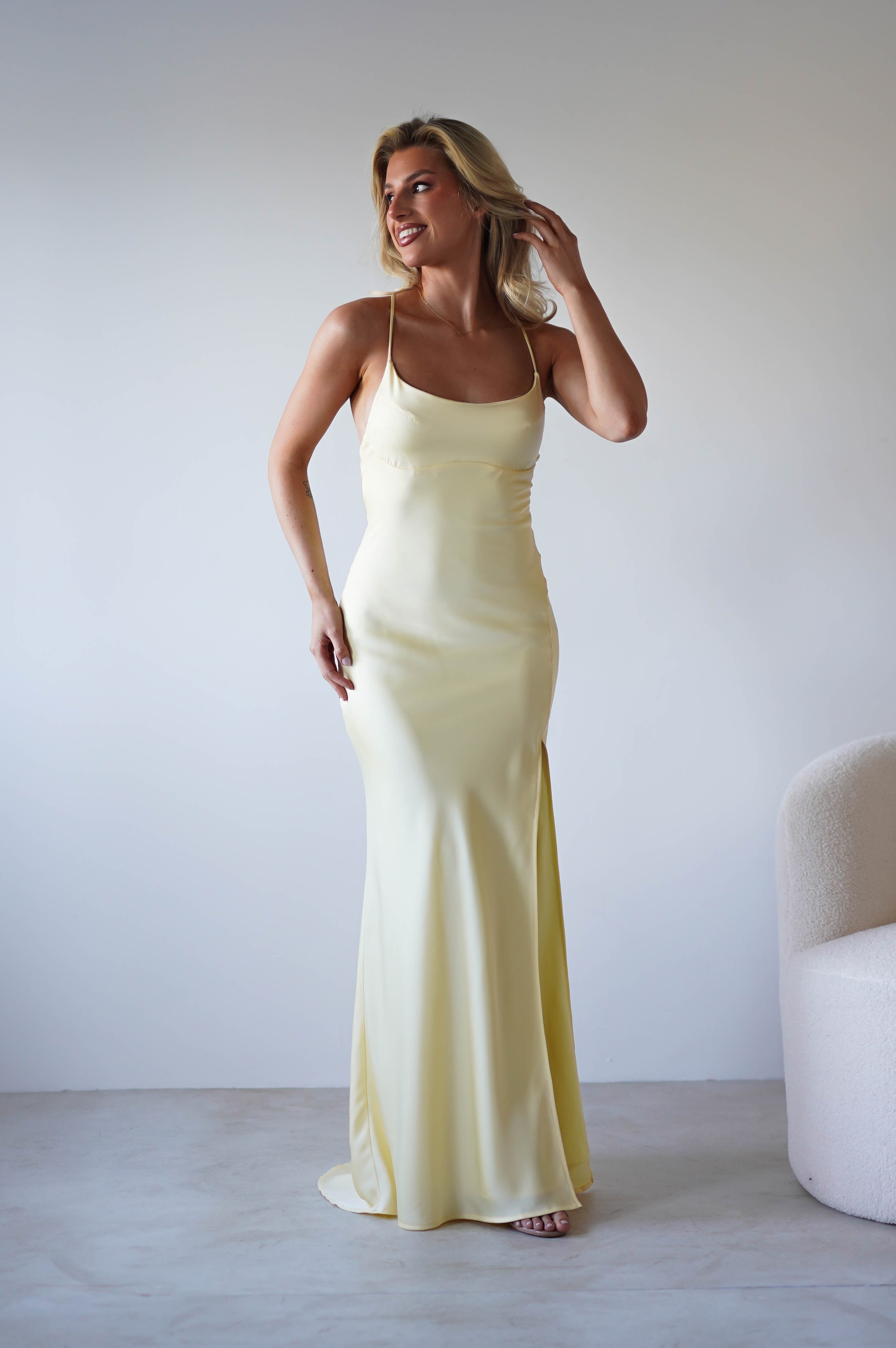 Elsa Matte Satin Maxi Gown | Yellow | Oh Hello Clothing | XS (6)