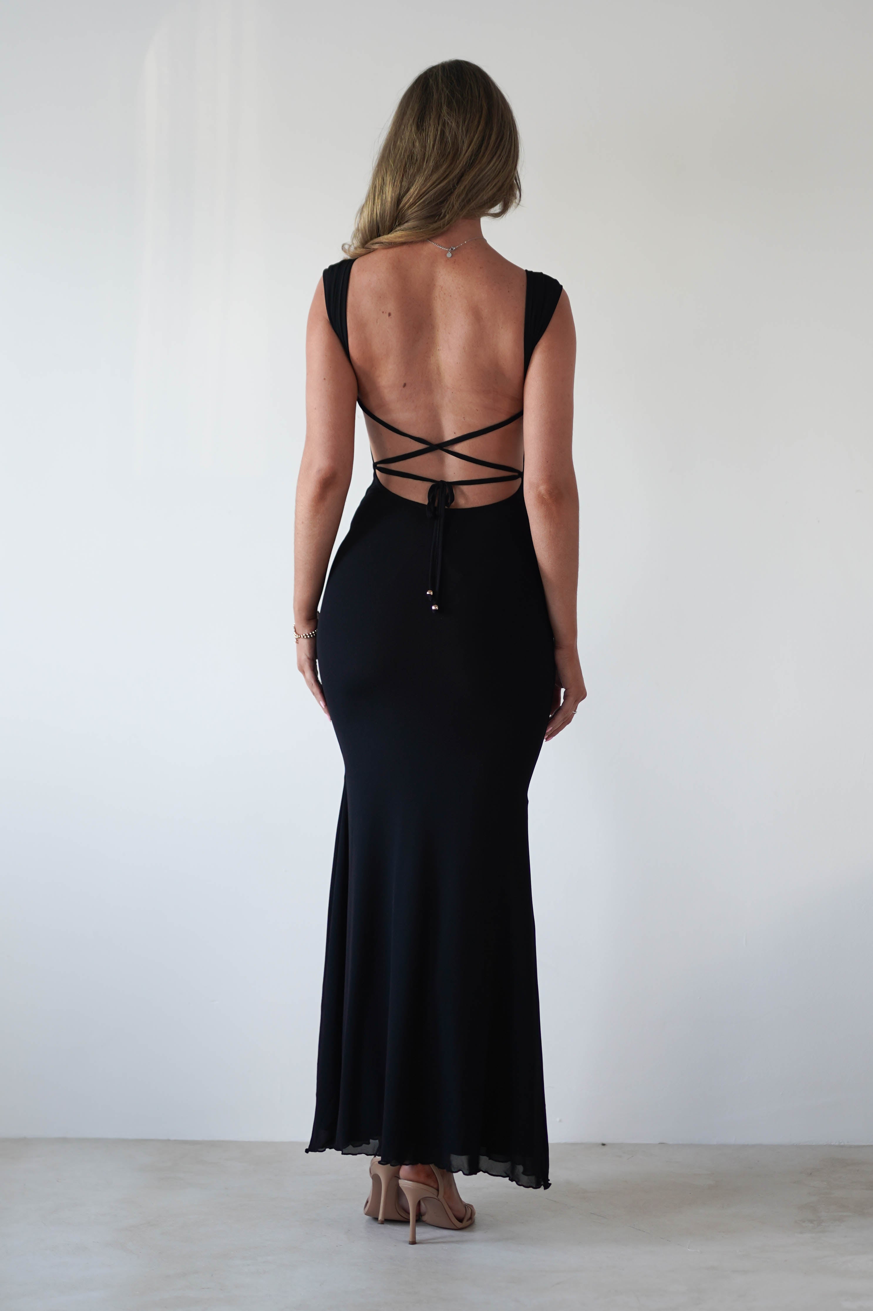 Sky Stretchy Mesh Backless Maxi Dress | Black - Oh Hello Clothing