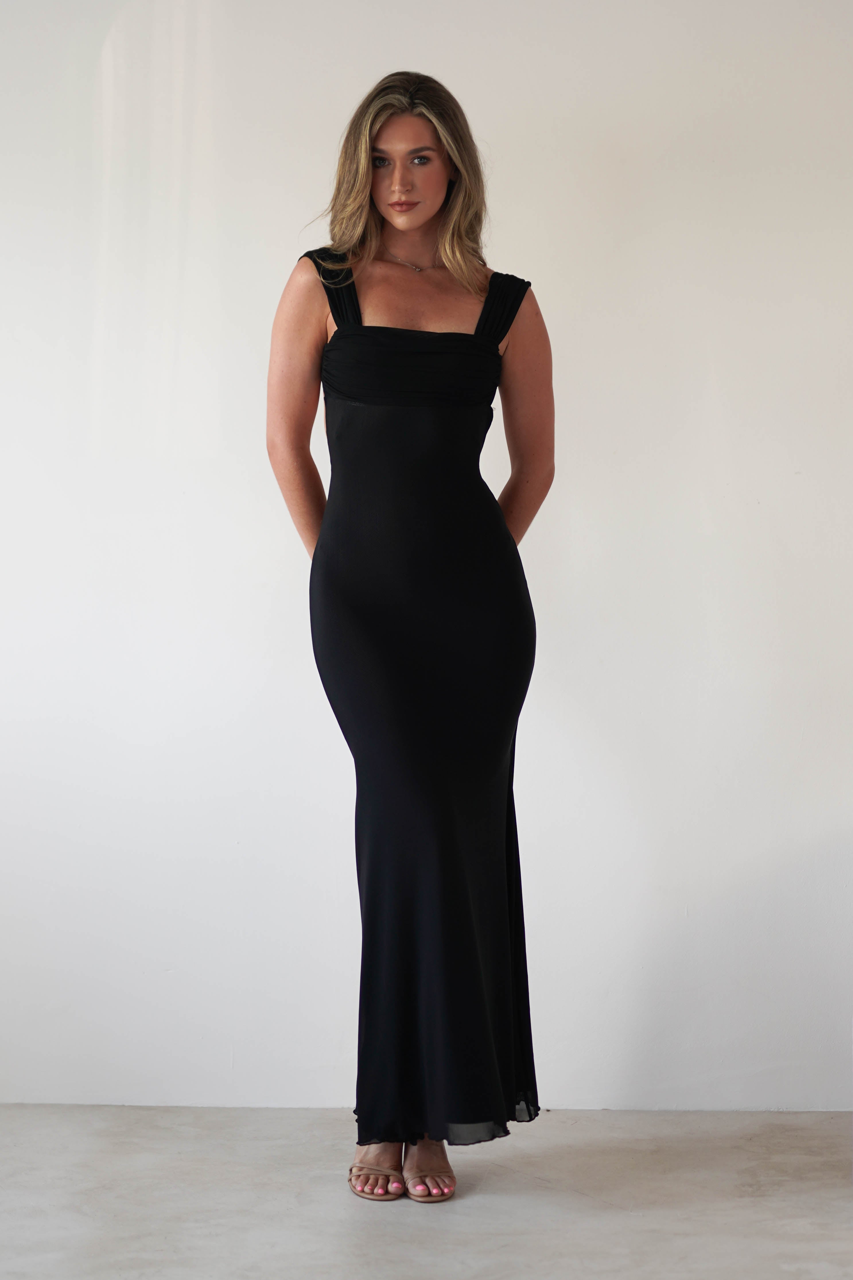 Sky Stretchy Mesh Backless Maxi Dress | Black - Oh Hello Clothing