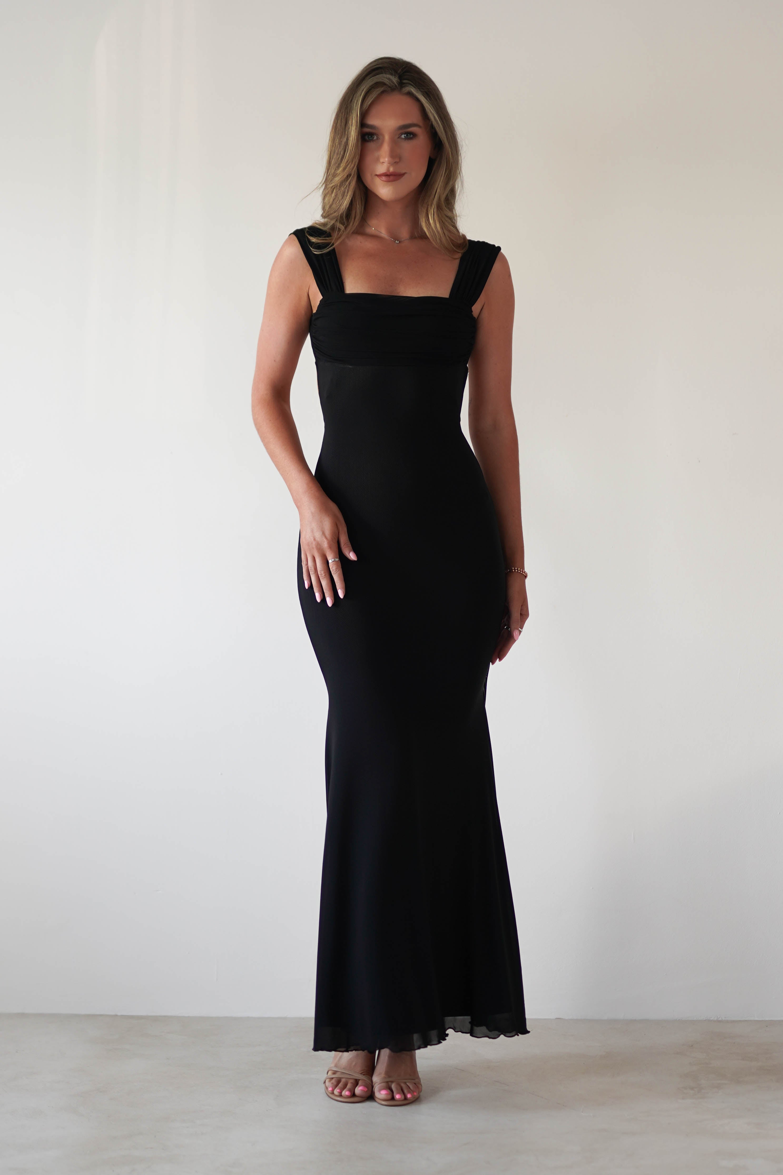 Sky Stretchy Mesh Backless Maxi Dress | Black - Oh Hello Clothing