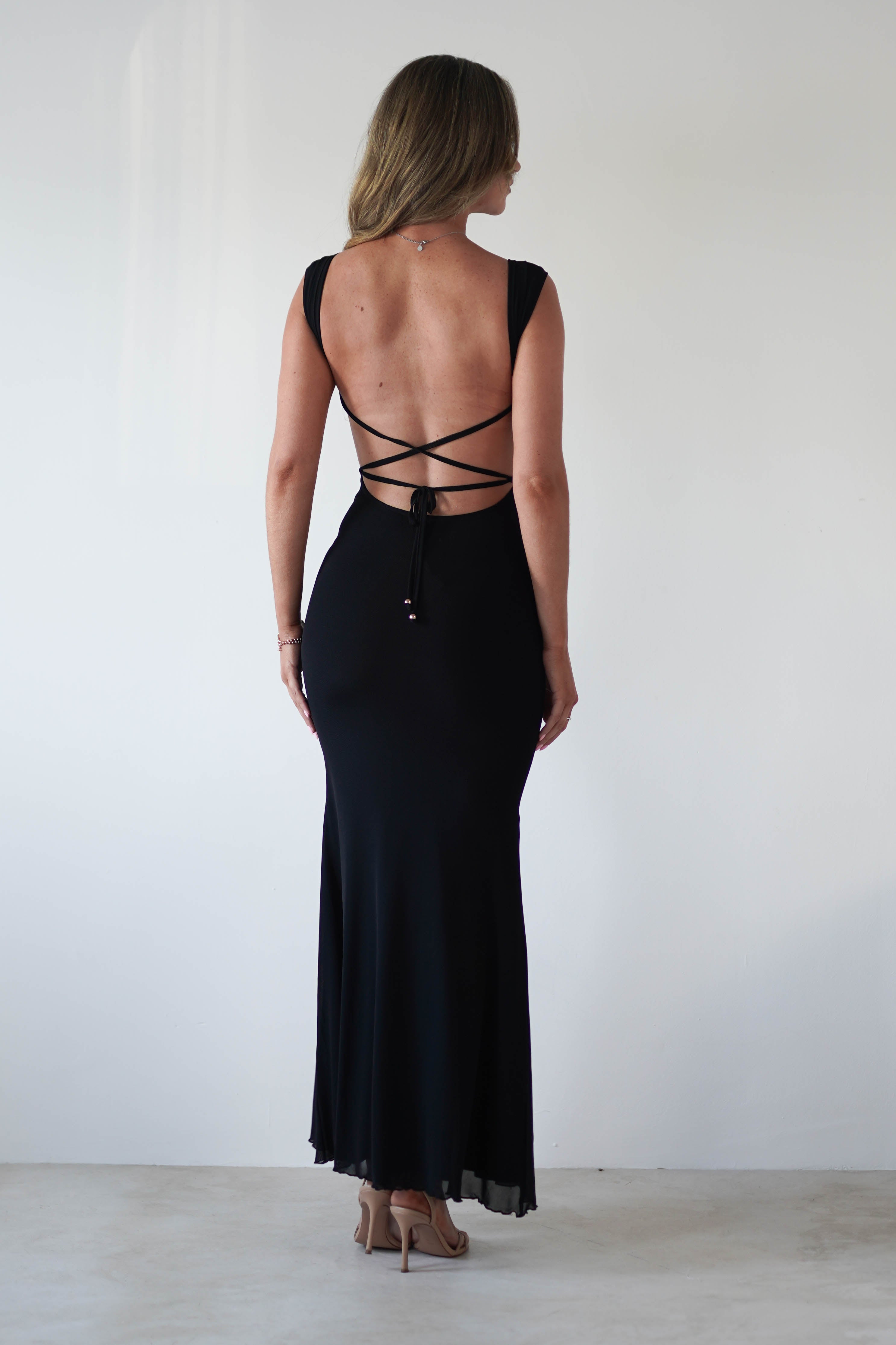 Sky Stretchy Mesh Backless Maxi Dress | Black - Oh Hello Clothing