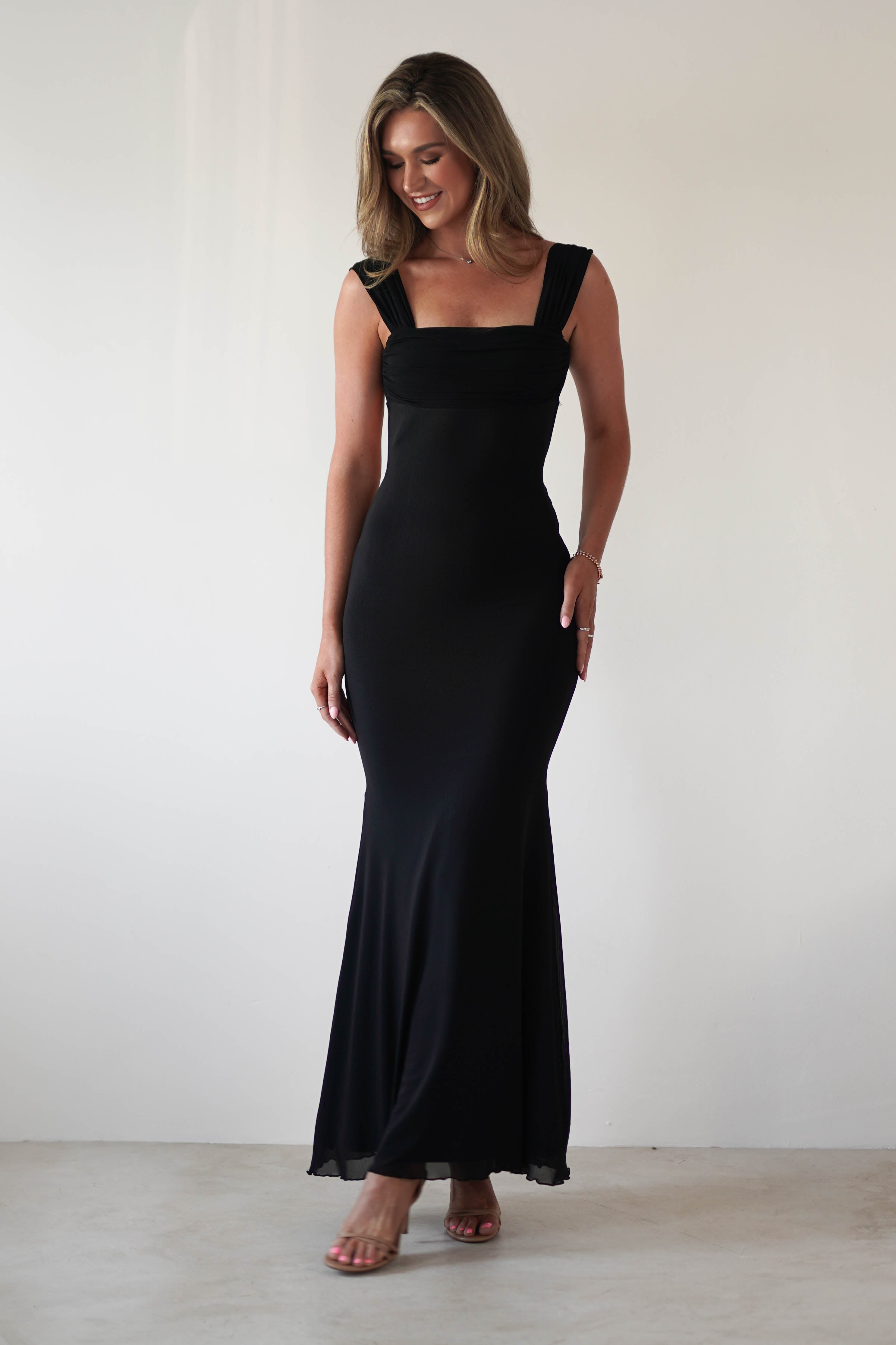 Sky Stretchy Mesh Backless Maxi Dress | Black - Oh Hello Clothing