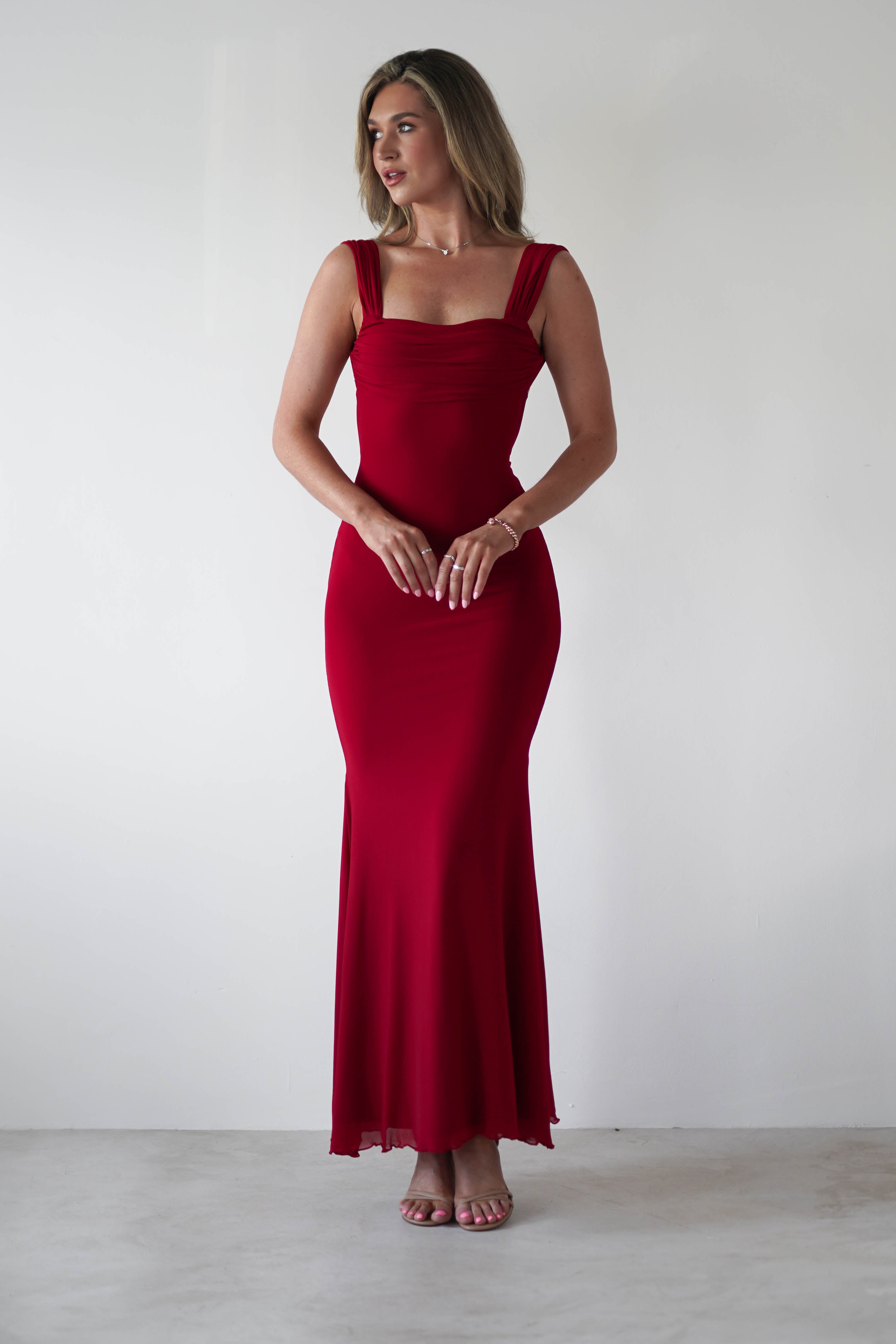 Sky Stretchy Mesh Backless Maxi Dress | Dark Red