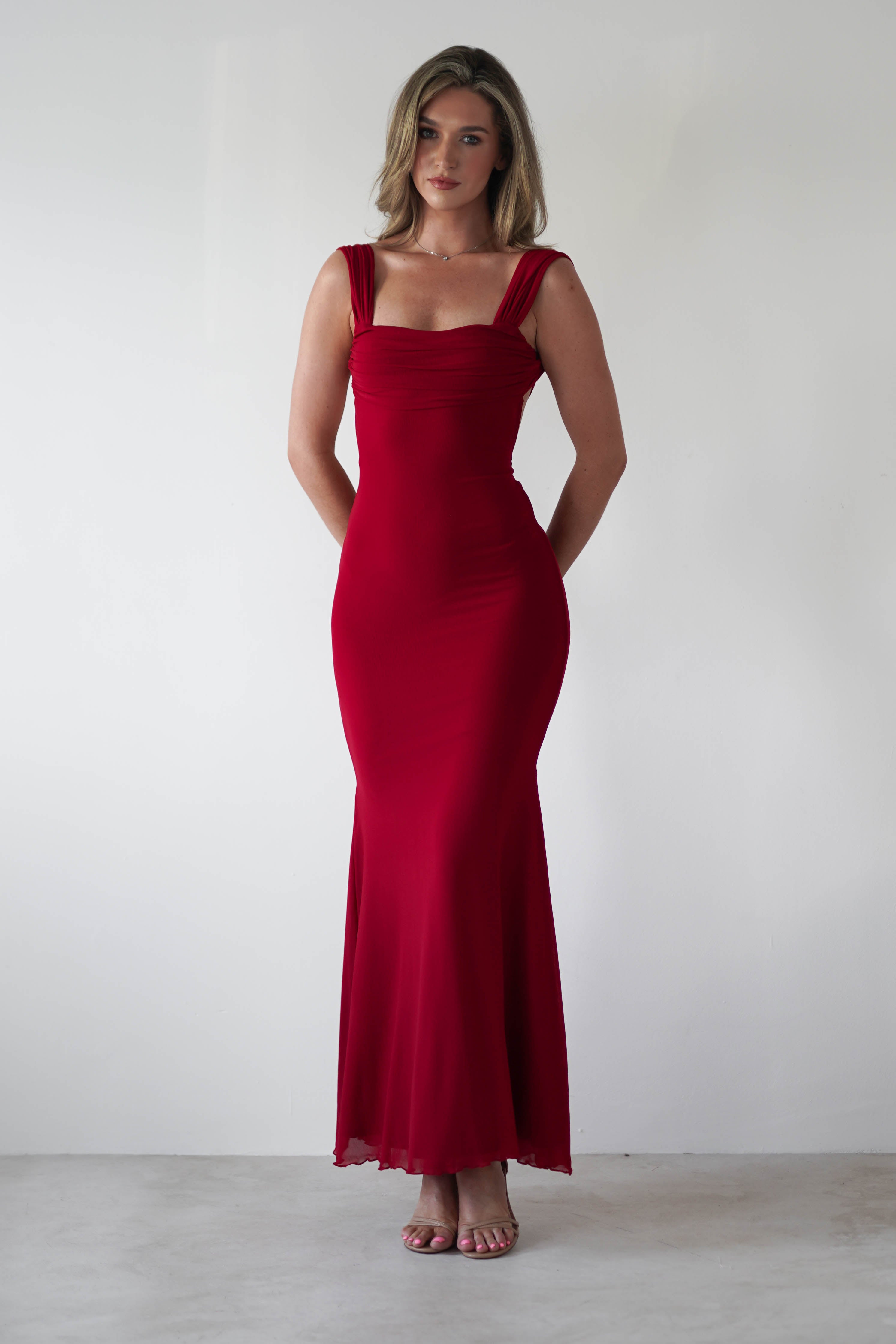 Sky Stretchy Mesh Backless Maxi Dress | Dark Red