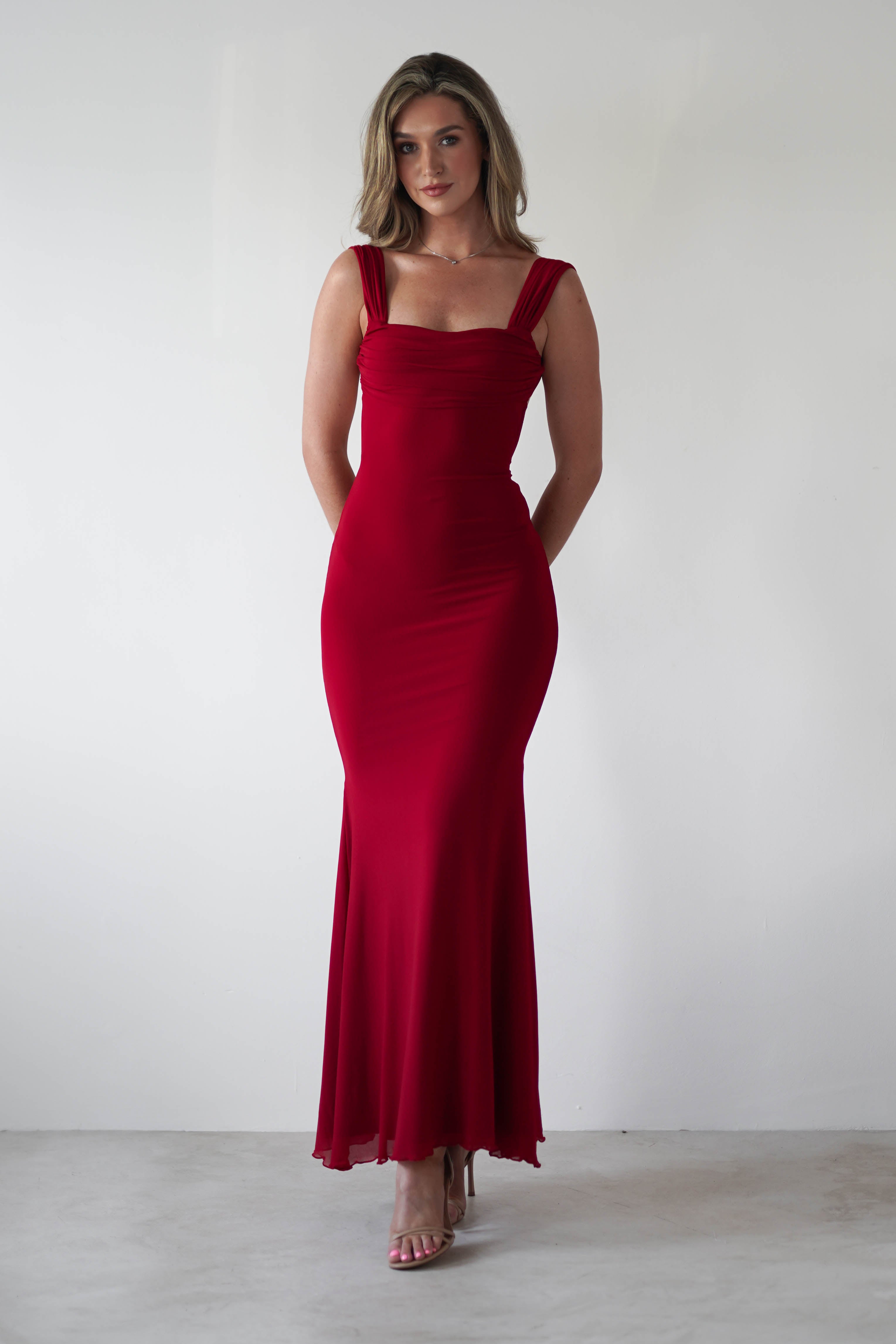 Sky Stretchy Mesh Backless Maxi Dress | Dark Red