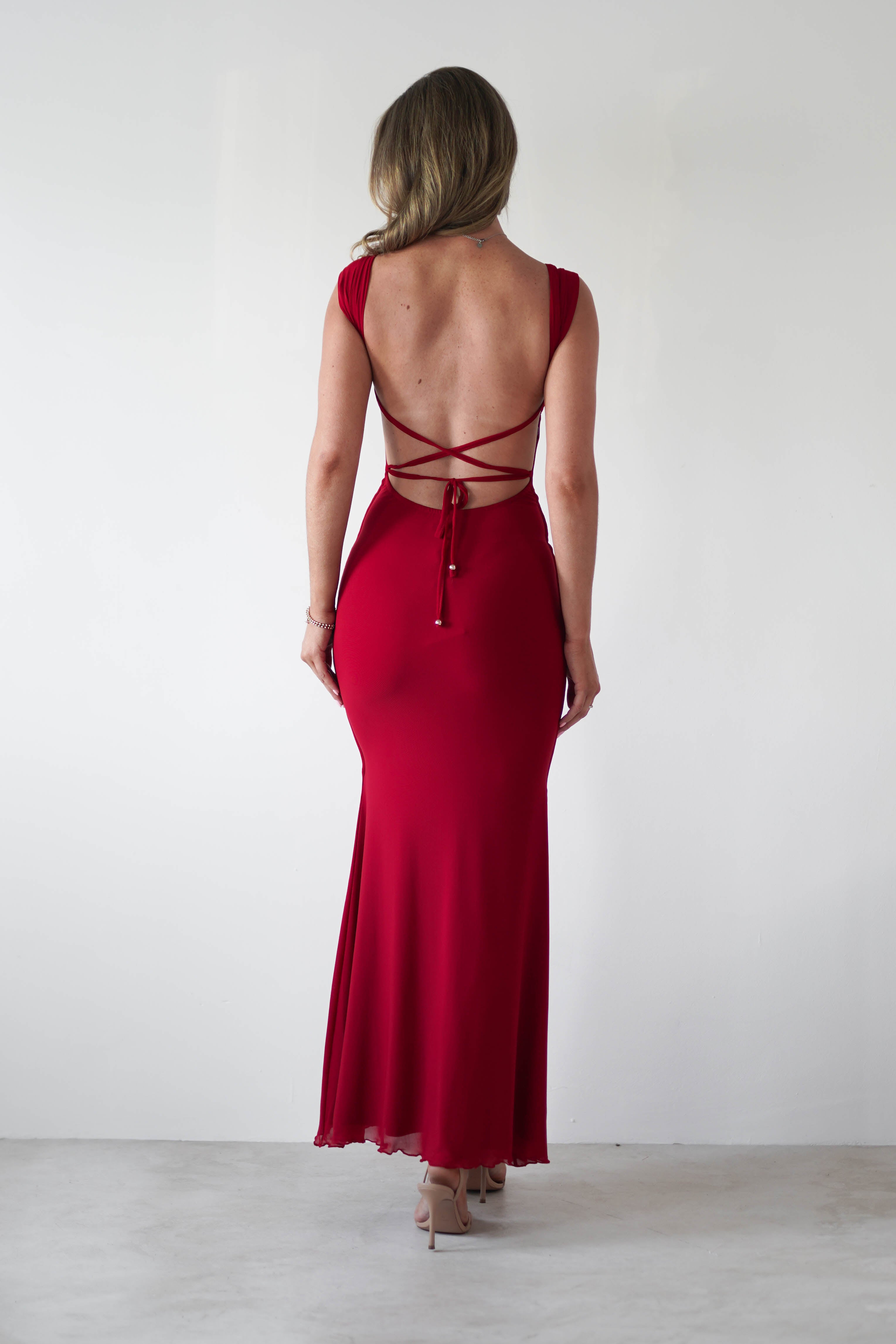 Sky Stretchy Mesh Backless Maxi Dress | Dark Red